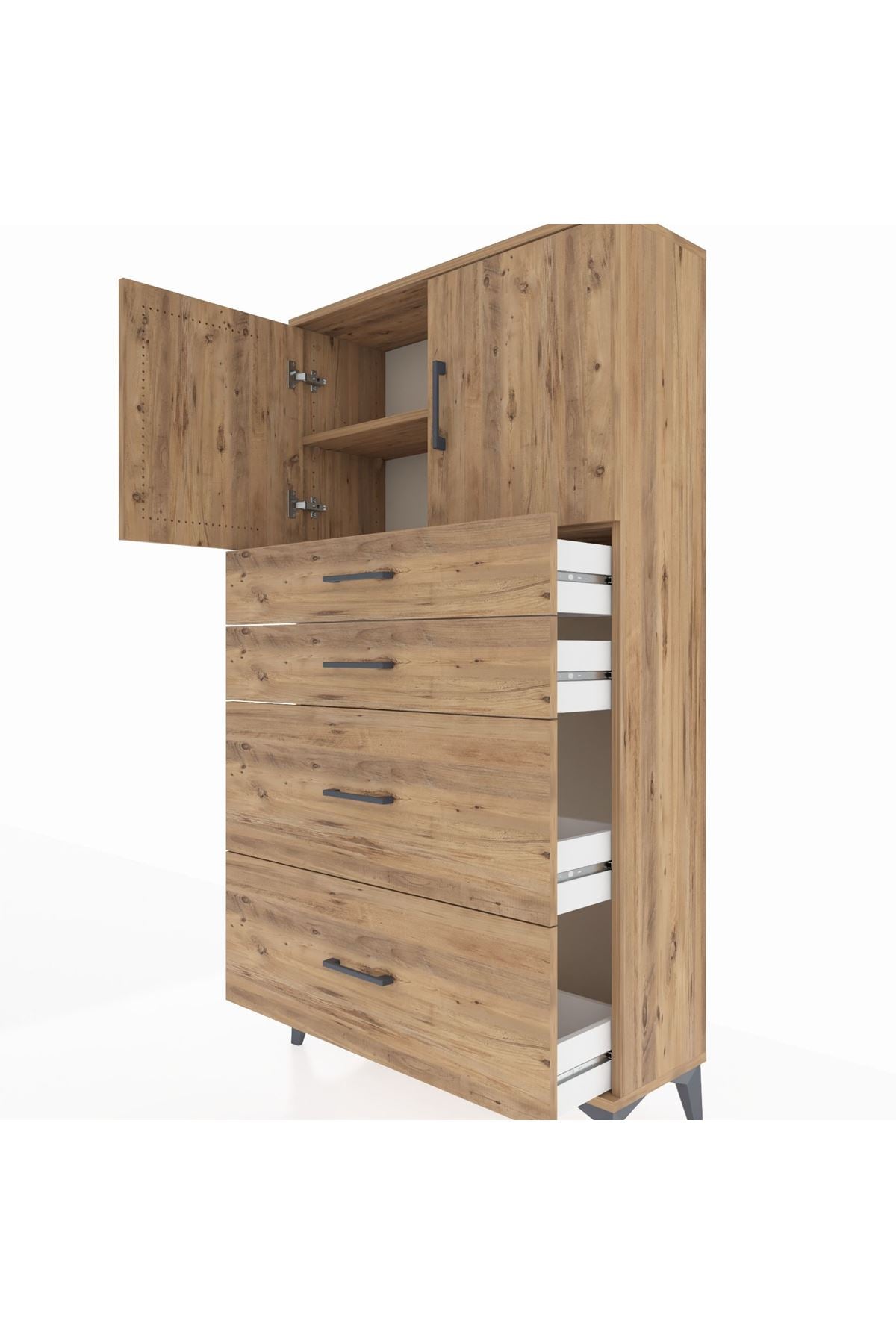 Arges Dolap 2 Raflı 4 Çekmeceli 2 Kapaklı 88x30x163 Çam-Çam