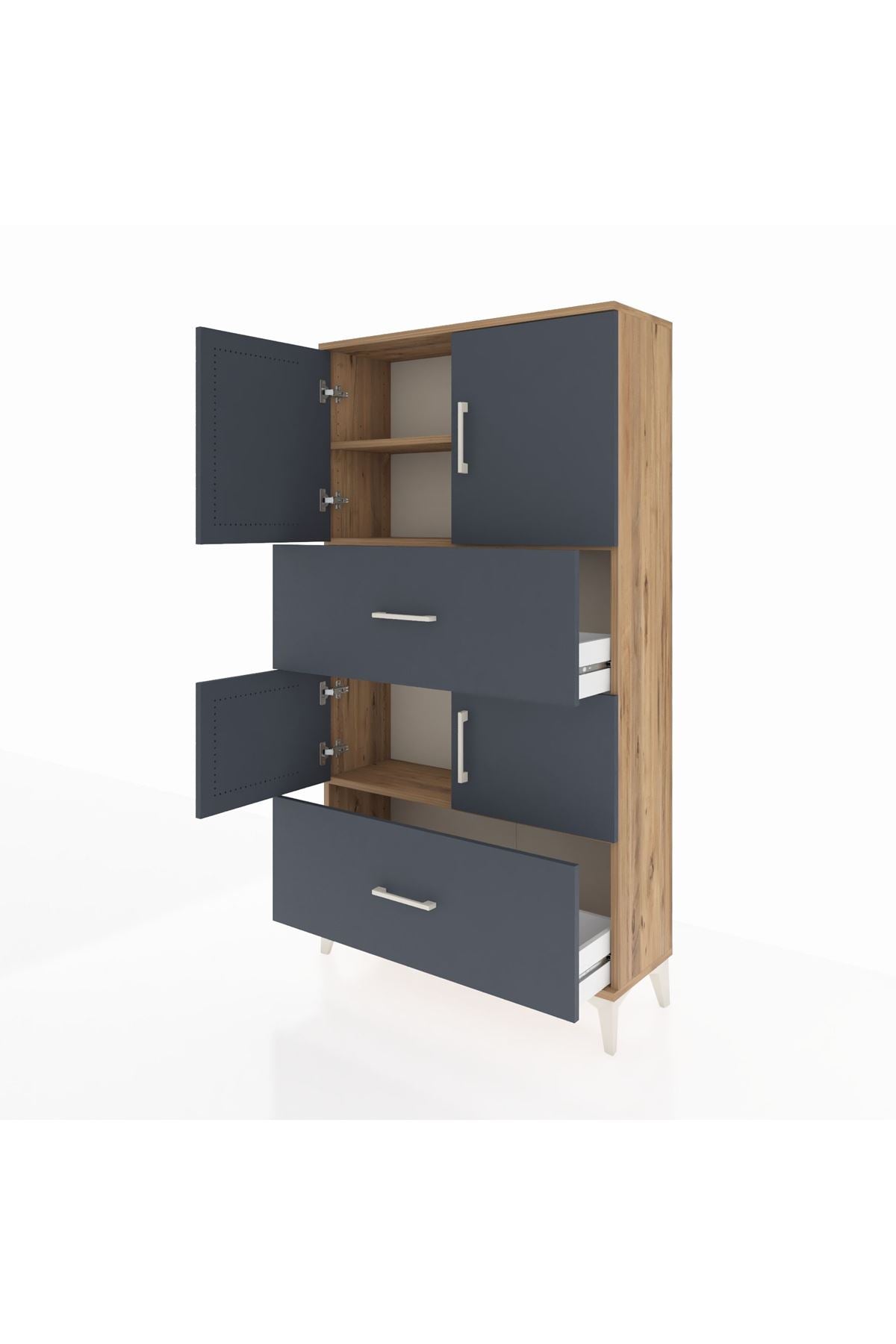 Arges Dolap 3 Raflı 2 Çekmeceli 4 Kapaklı 88x30x163 Çam-Antrasit