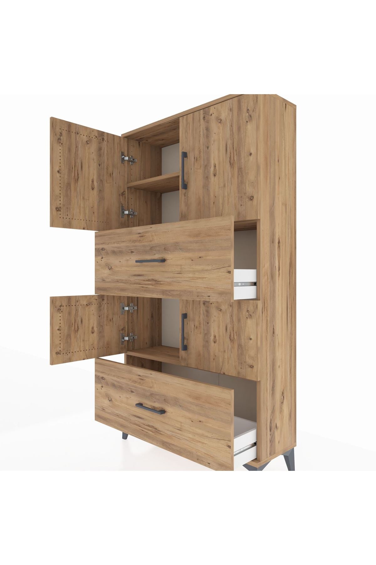 Arges Dolap 3 Raflı 2 Çekmeceli 4 Kapaklı 88x30x163 Çam-Çam