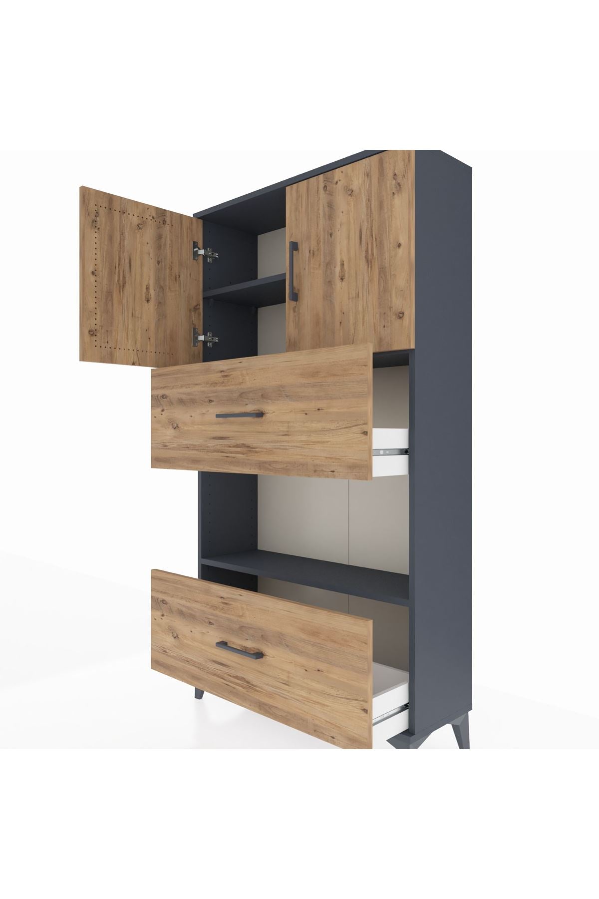 Arges Dolap 3 Raflı 2 Çekmeceli 2 Kapaklı 88x30x163 Antrasit-Çam