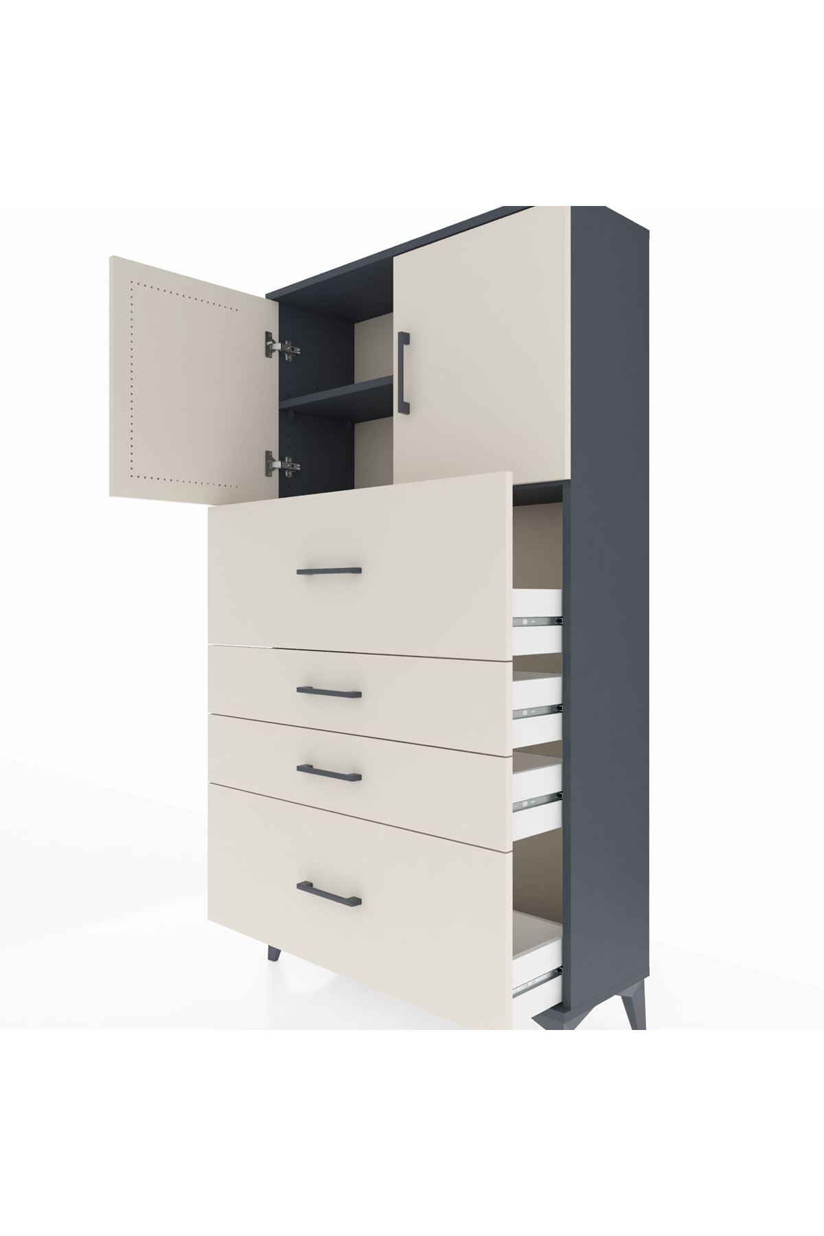 Arges Dolap 2 Raflı 4 Çekmeceli 2 Kapaklı 88x30x163 Antrasit-Aytaşı