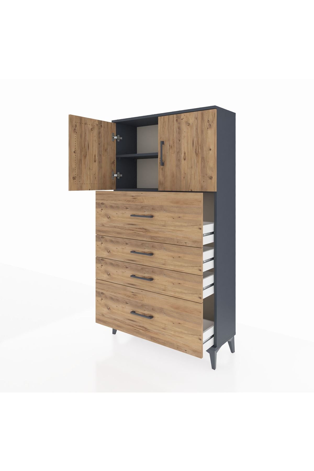 Arges Dolap 2 Raflı 4 Çekmeceli 2 Kapaklı 88x30x163 Antrasit-Çam