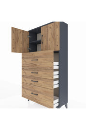 Arges Dolap 2 Raflı 4 Çekmeceli 2 Kapaklı 88x30x163 Antrasit-Çam