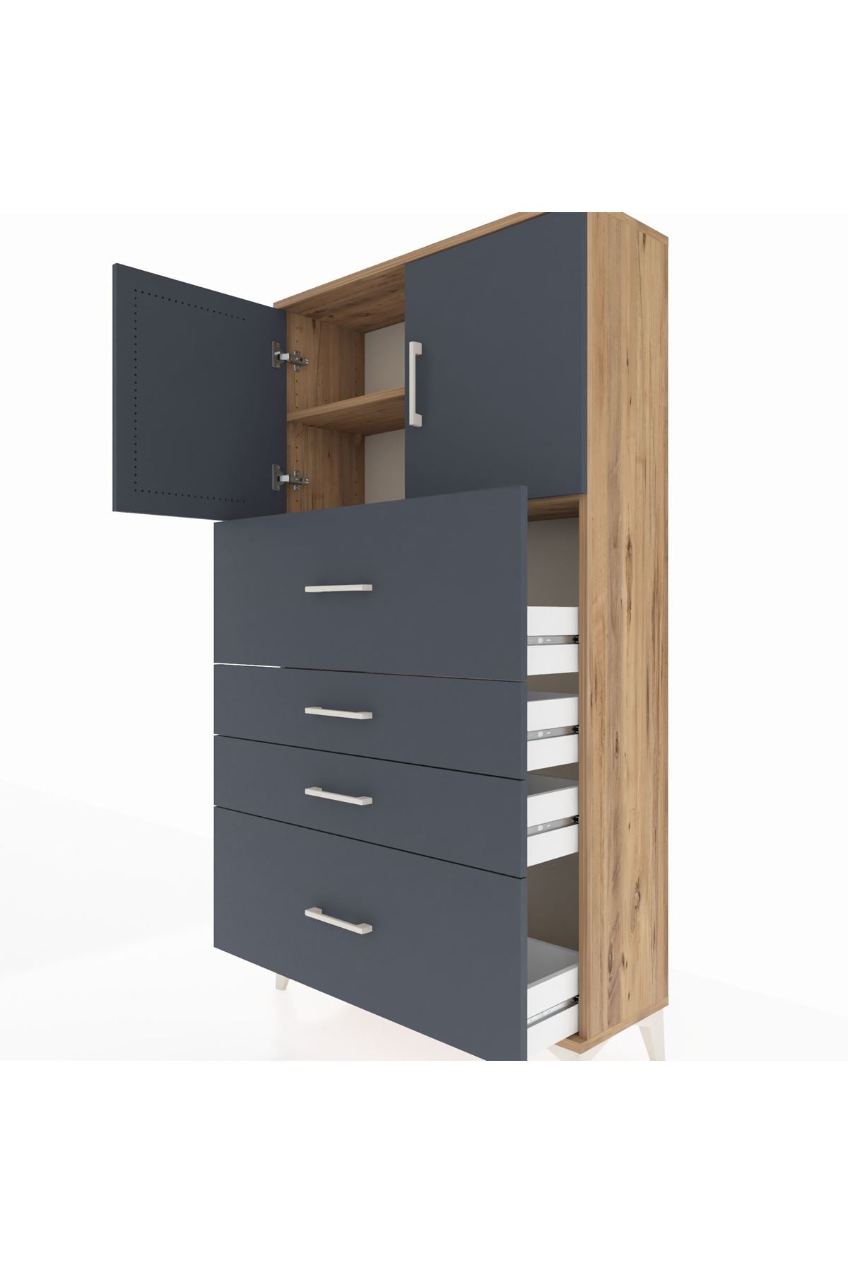 Arges Dolap 2 Raflı 4 Çekmeceli 2 Kapaklı 88x30x163 Çam-Antrasit