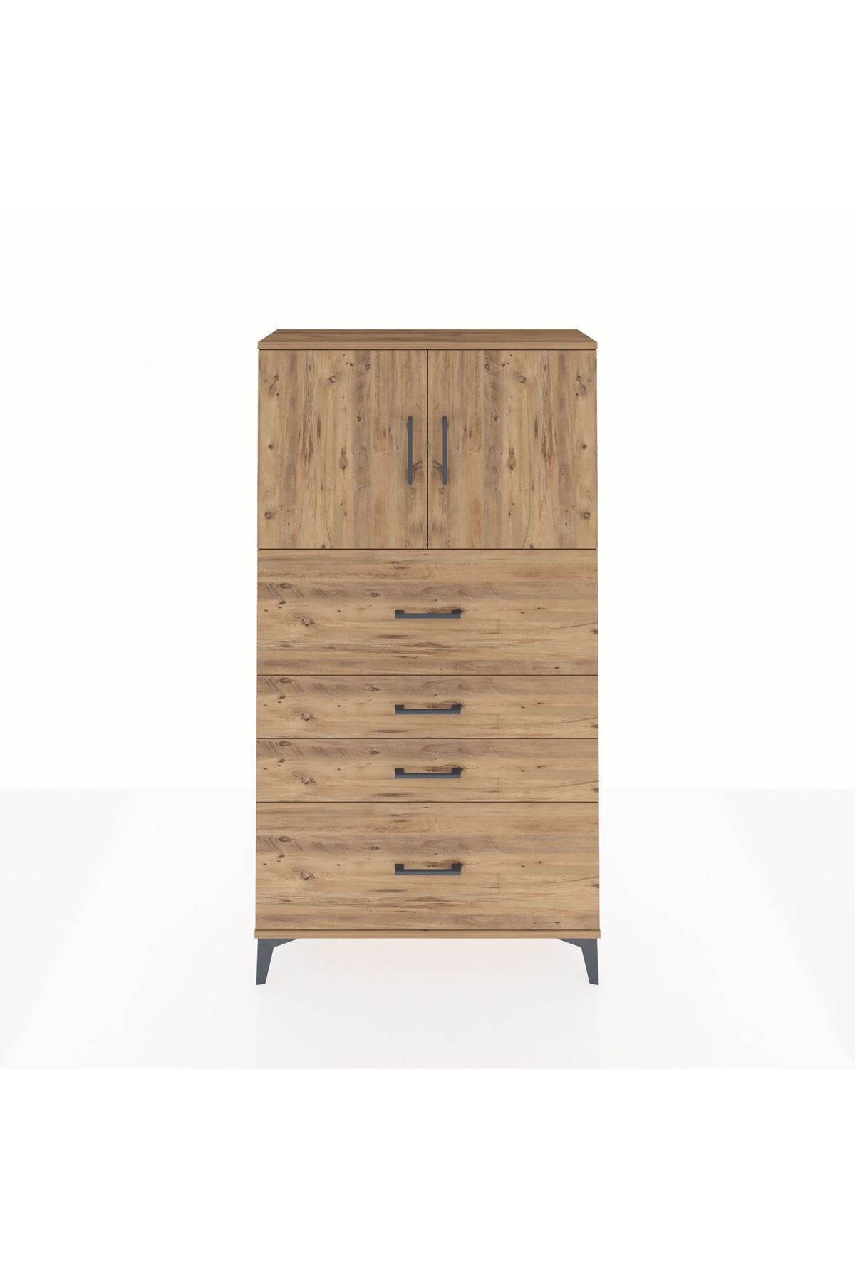 Arges Dolap 2 Raflı 4 Çekmeceli 2 Kapaklı 88x30x163 Çam-Çam