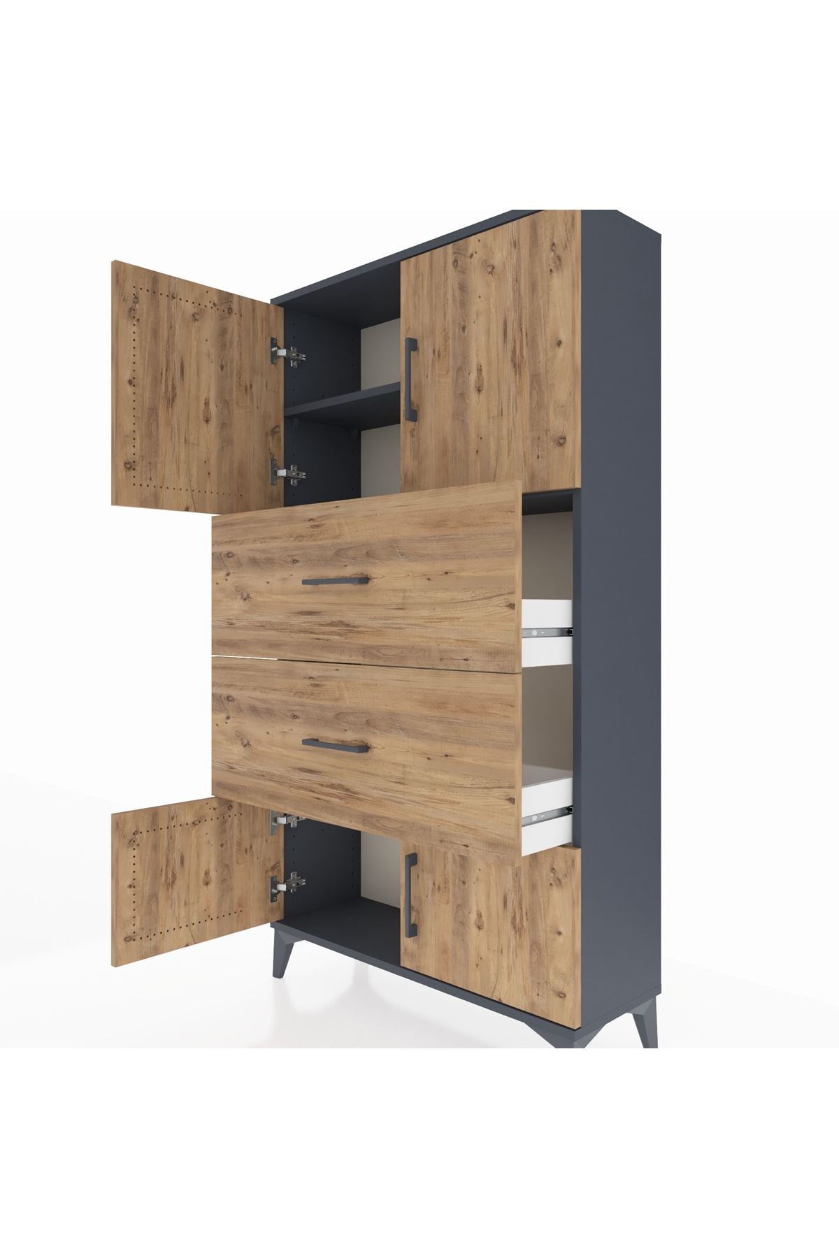 Arges Dolap 2 Raflı 2 Çekmeceli 4 Kapaklı 88x30x163 Antrasit-Çam