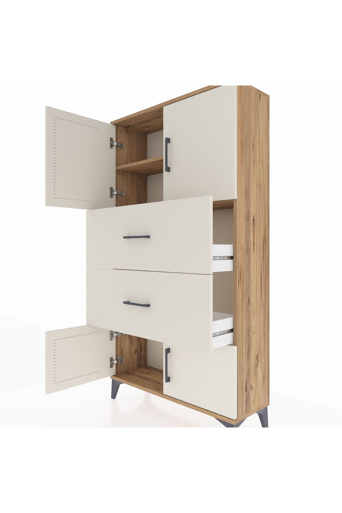 Arges Dolap 2 Raflı 2 Çekmeceli 4 Kapaklı 88x30x163 Çam-Aytaşı