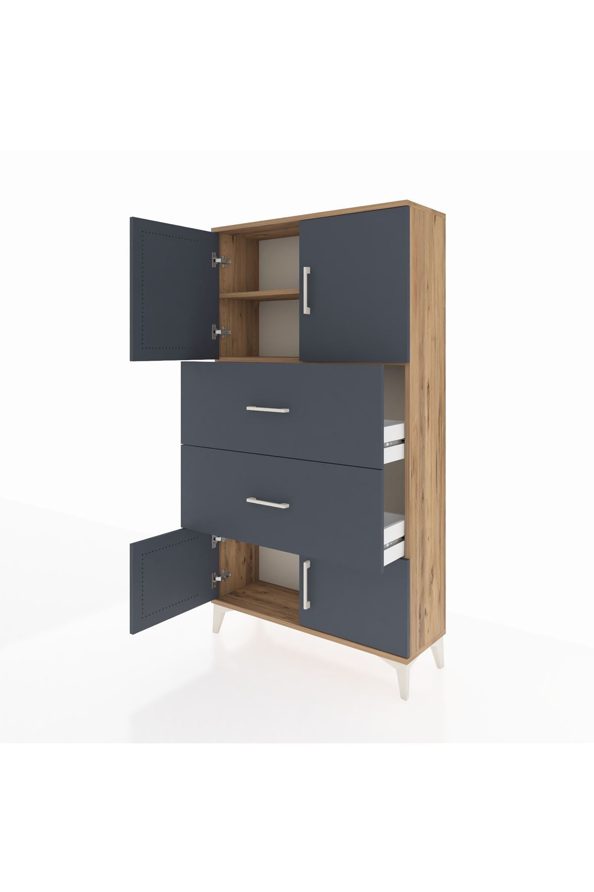 Arges Dolap 2 Raflı 2 Çekmeceli 4 Kapaklı 88x30x163 Çam-Antrasit