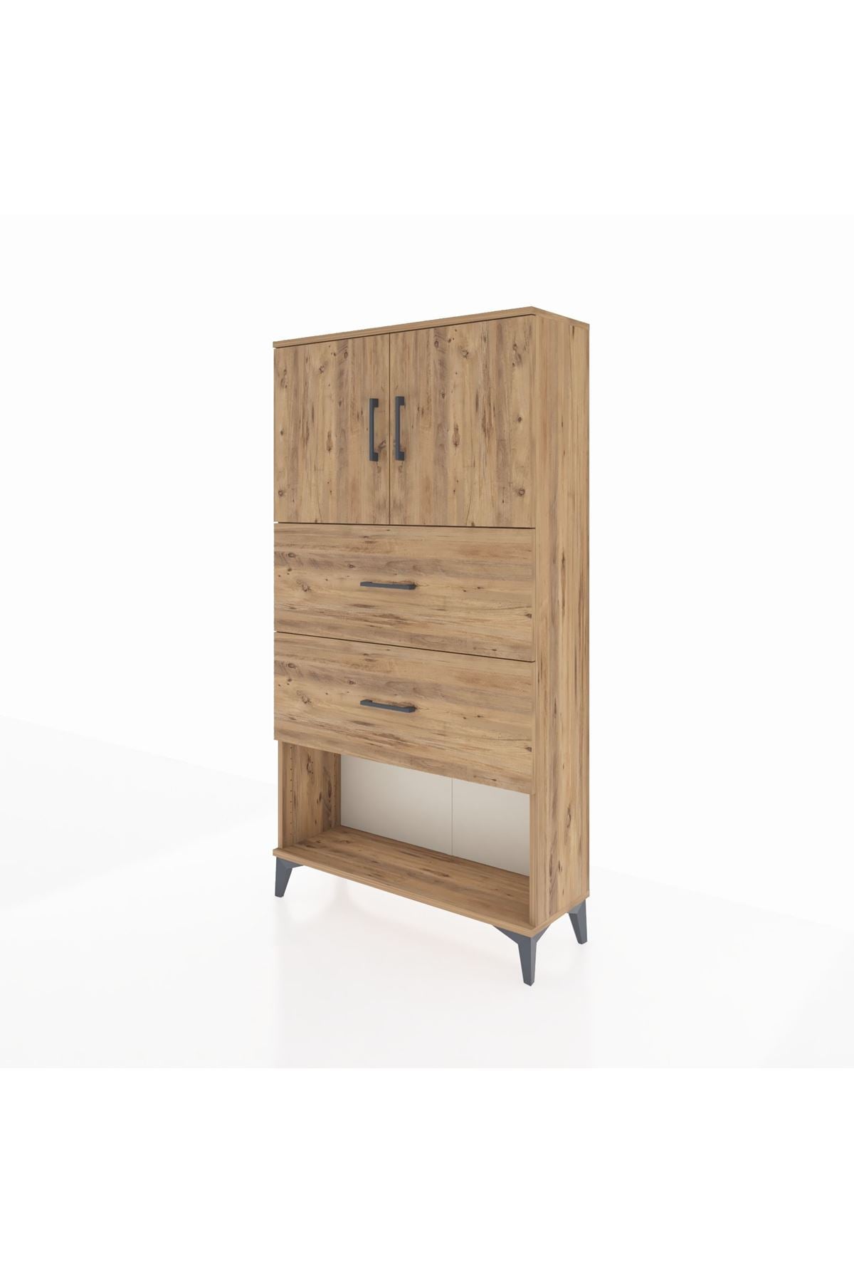 Arges Dolap 2 Raflı 2 Çekmeceli 2 Kapaklı 88x30x163 Çam-Antrasit