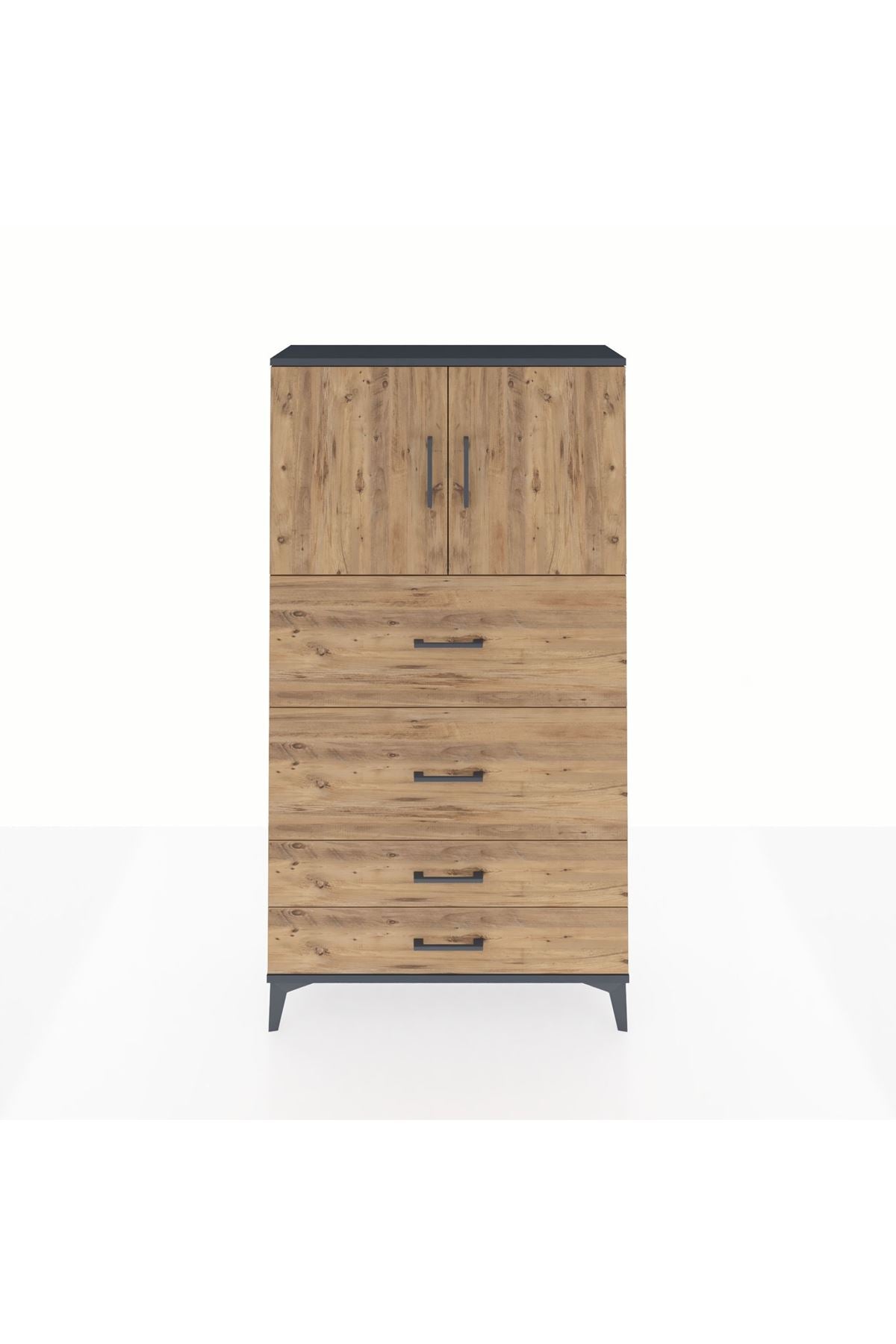 Arges Dolap 2 Raflı 4 Çekmeceli 2 Kapaklı 88x30x163 Antrasit-Çam