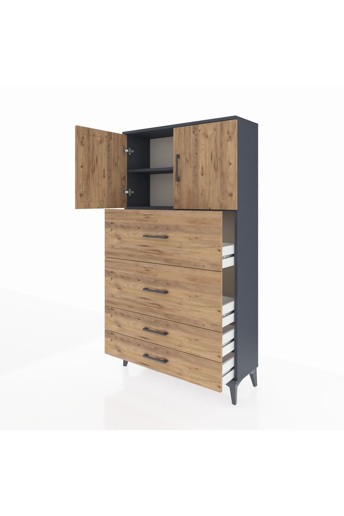 Arges Dolap 2 Raflı 4 Çekmeceli 2 Kapaklı 88x30x163 Antrasit-Çam