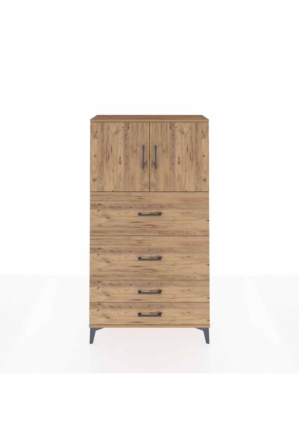 Arges Dolap 2 Raflı 4 Çekmeceli 2 Kapaklı 88x30x163 Çam-Çam