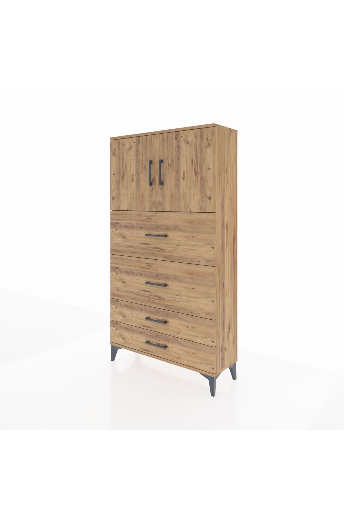 Arges Dolap 2 Raflı 4 Çekmeceli 2 Kapaklı 88x30x163 Çam-Çam