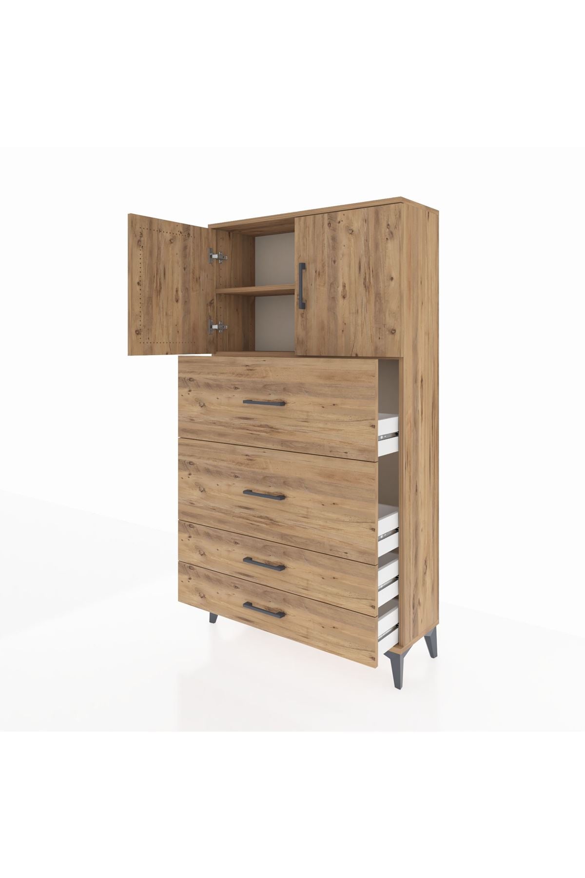 Arges Dolap 2 Raflı 4 Çekmeceli 2 Kapaklı 88x30x163 Çam-Çam