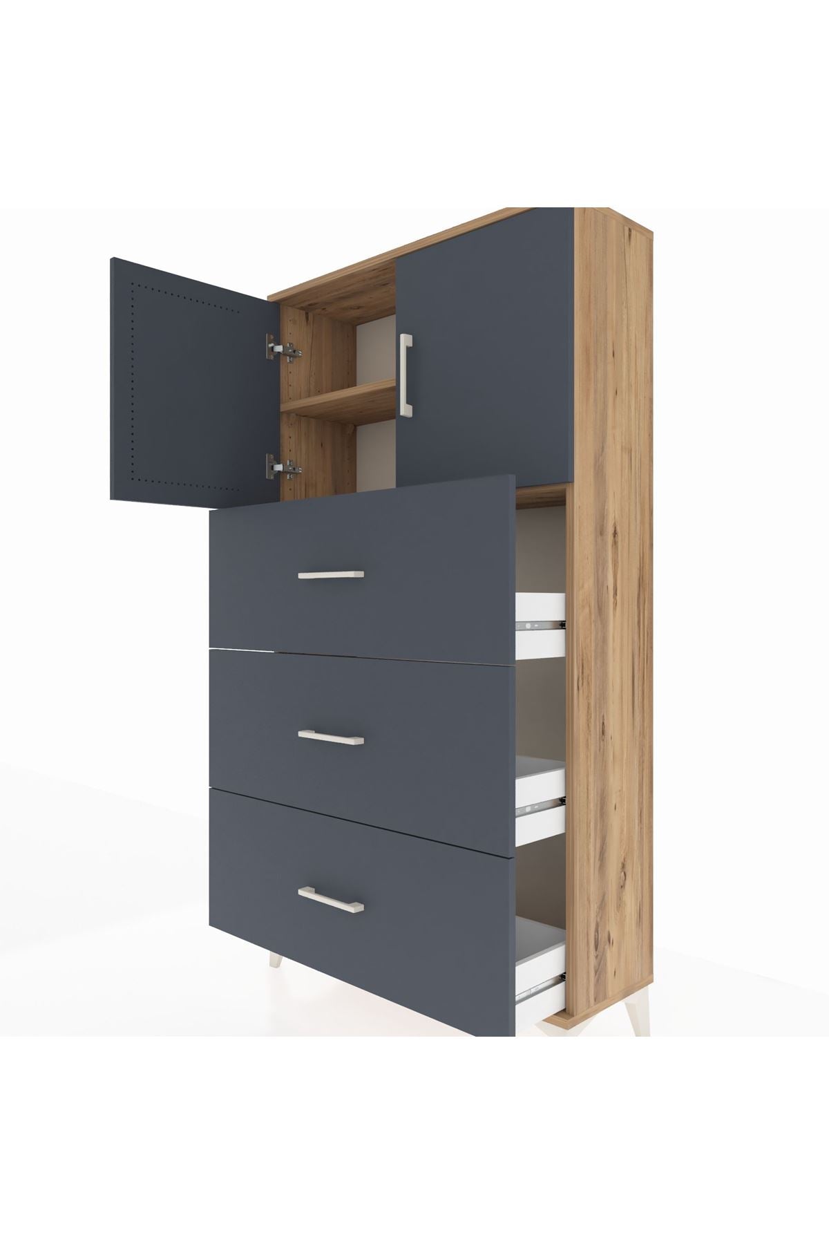 Arges Dolap 2 Raflı 3 Çekmeceli 2 Kapaklı 88x30x163 Çam-Antrasit