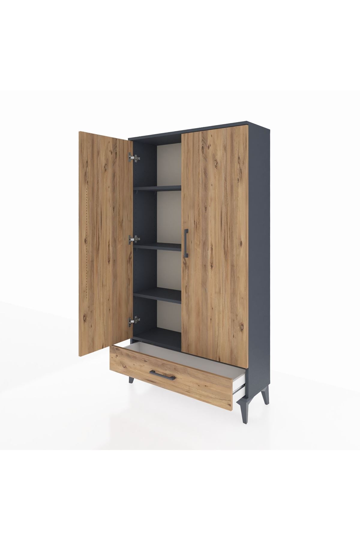 Arges Dolap 4 Raflı Tek Çekmeceli 2 Kapaklı 88x30x163 Antrasit-Çam