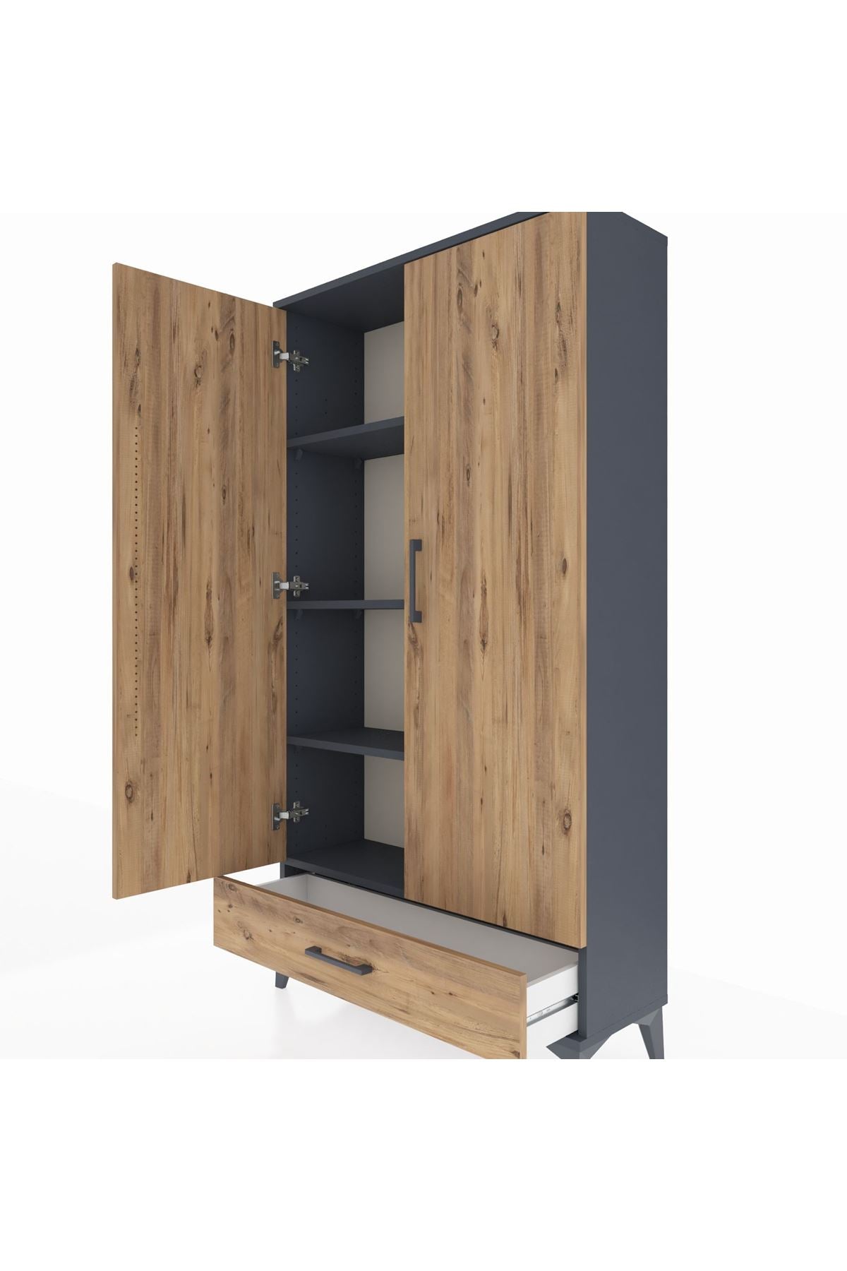 Arges Dolap 4 Raflı Tek Çekmeceli 2 Kapaklı 88x30x163 Antrasit-Çam