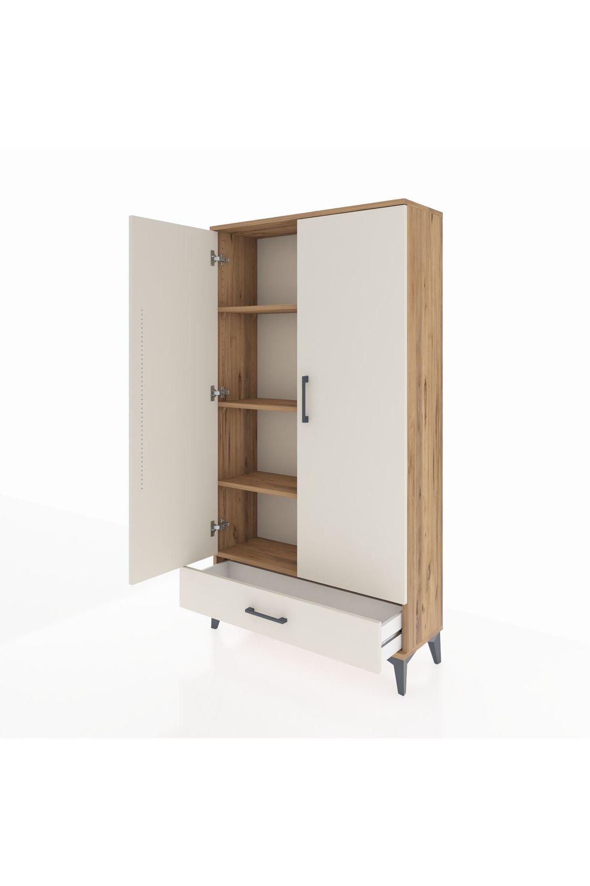 Arges Dolap 4 Raflı Tek Çekmeceli 2 Kapaklı 88x30x163 Çam-Aytaşı