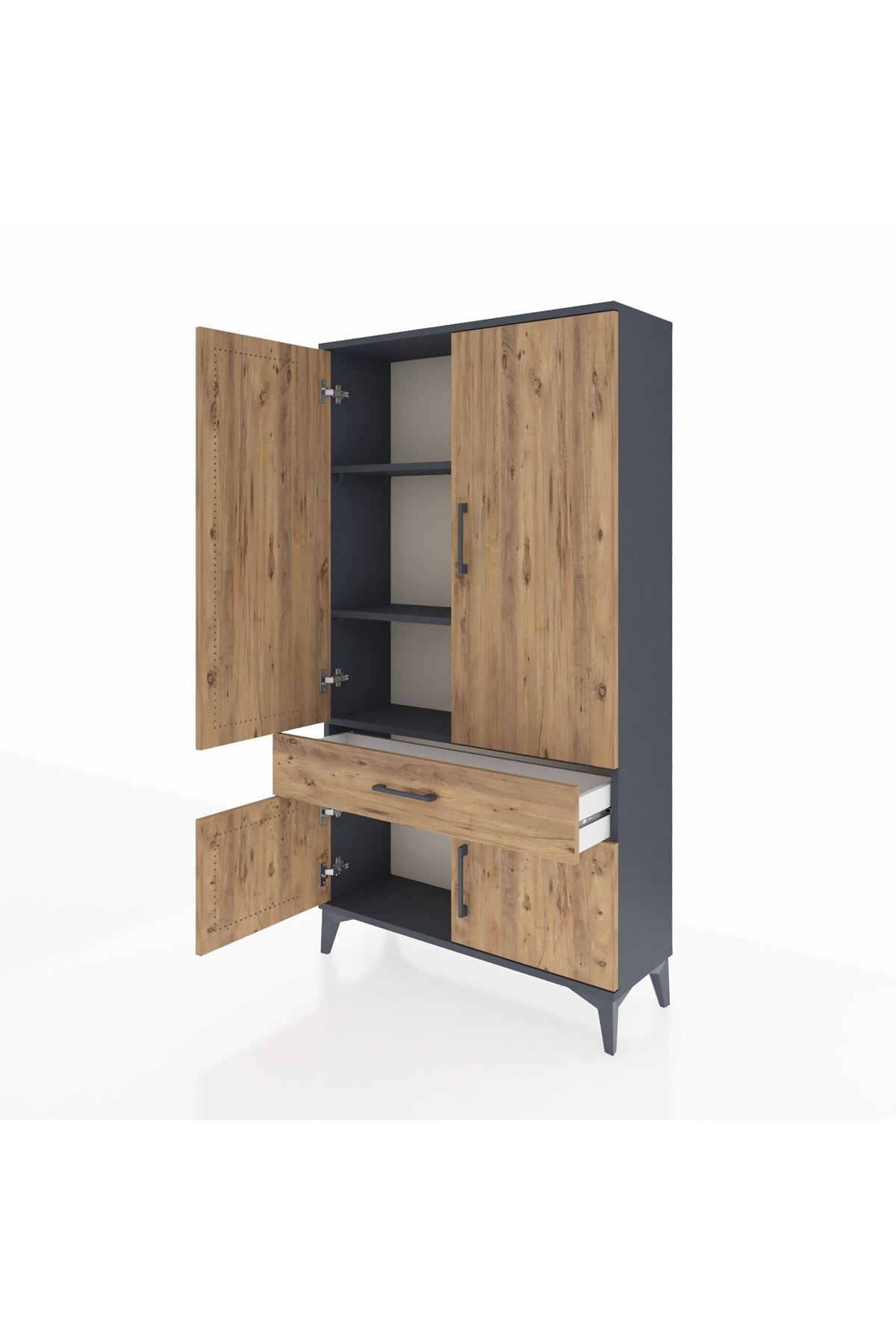 Arges Dolap 3 Raflı Tek Çekmeceli 4 Kapaklı 88x30x163 Antrasit-Çam