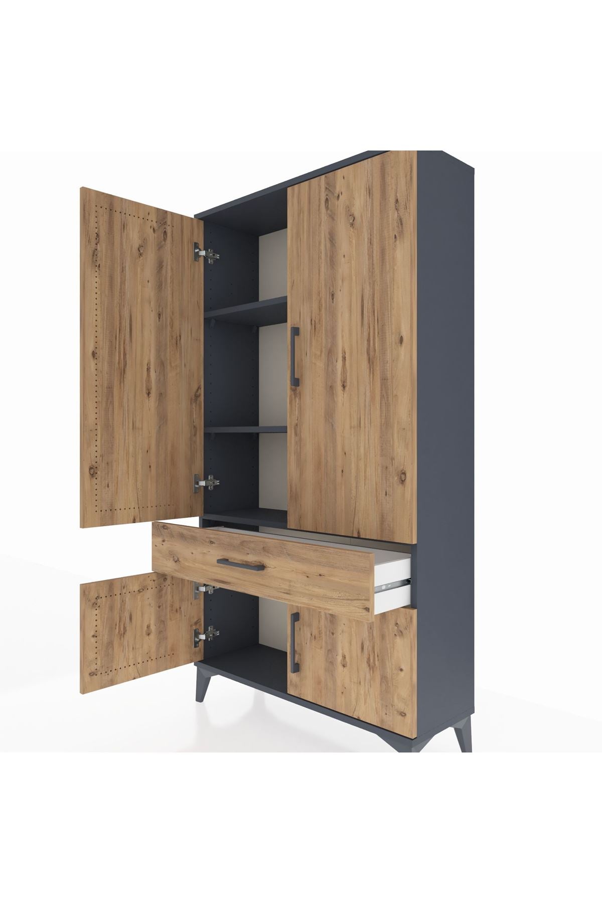 Arges Dolap 3 Raflı Tek Çekmeceli 4 Kapaklı 88x30x163 Antrasit-Çam