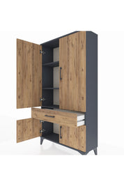 Arges Dolap 3 Raflı Tek Çekmeceli 4 Kapaklı 88x30x163 Antrasit-Çam