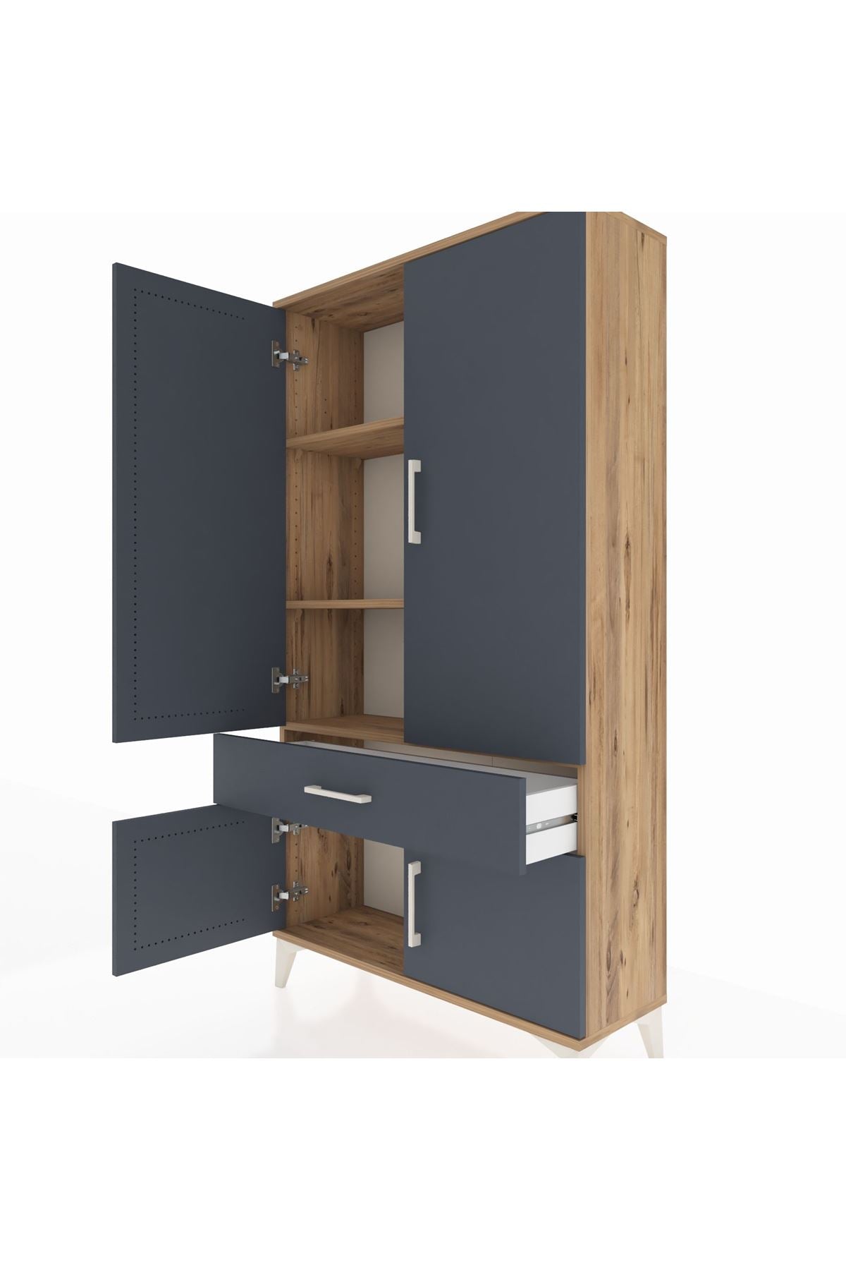 Arges Dolap 3 Raflı Tek Çekmeceli 4 Kapaklı 88x30x163 Çam-Antrasit