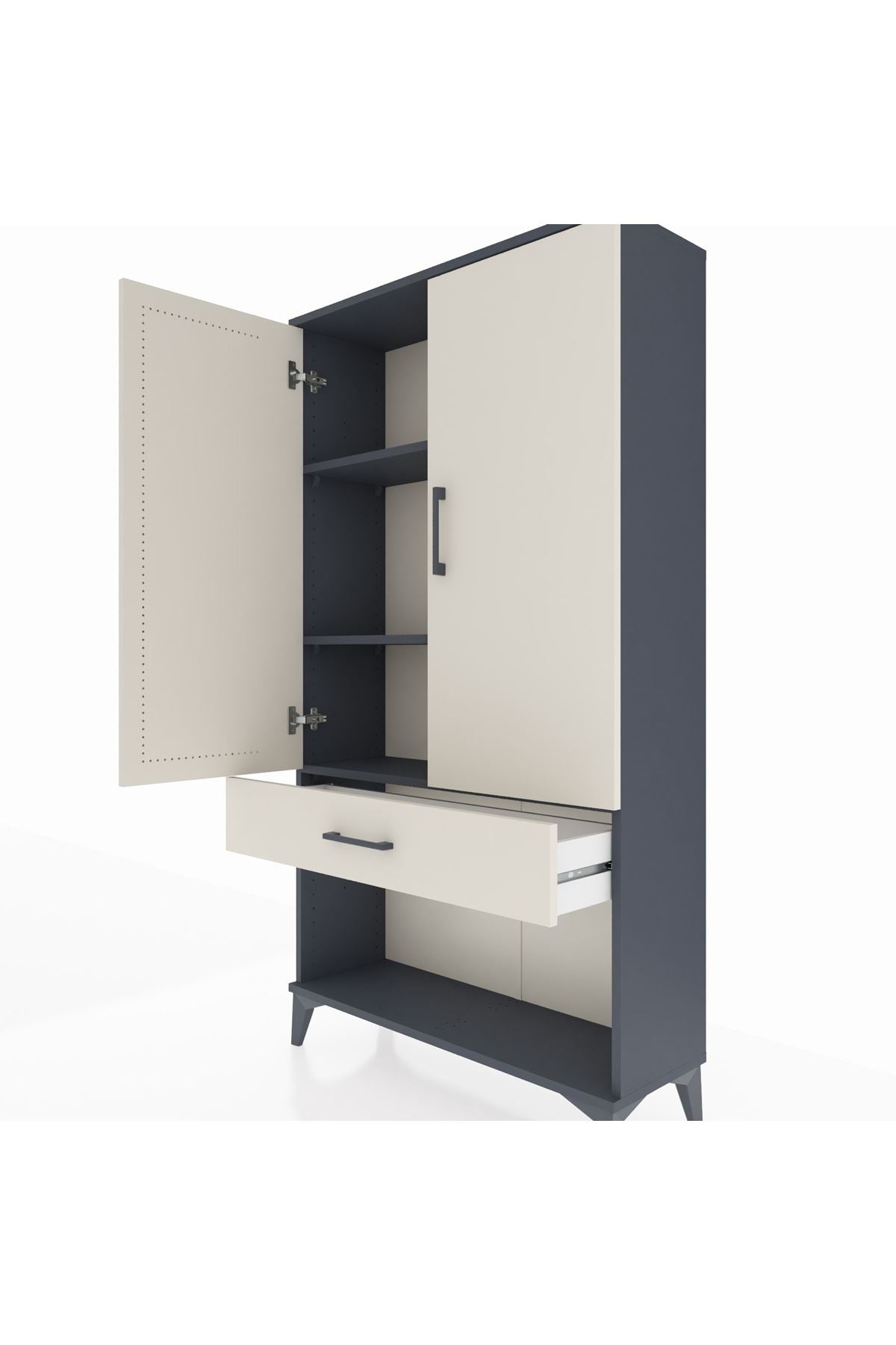 Arges Dolap 3 Raflı Tek Çekmeceli 2 Kapaklı 88x30x163 Antrasit-Aytaşı