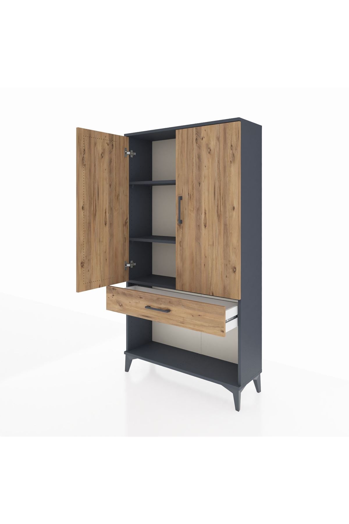 Arges Dolap 3 Raflı Tek Çekmeceli 2 Kapaklı 88x30x163 Antrasit-Çam