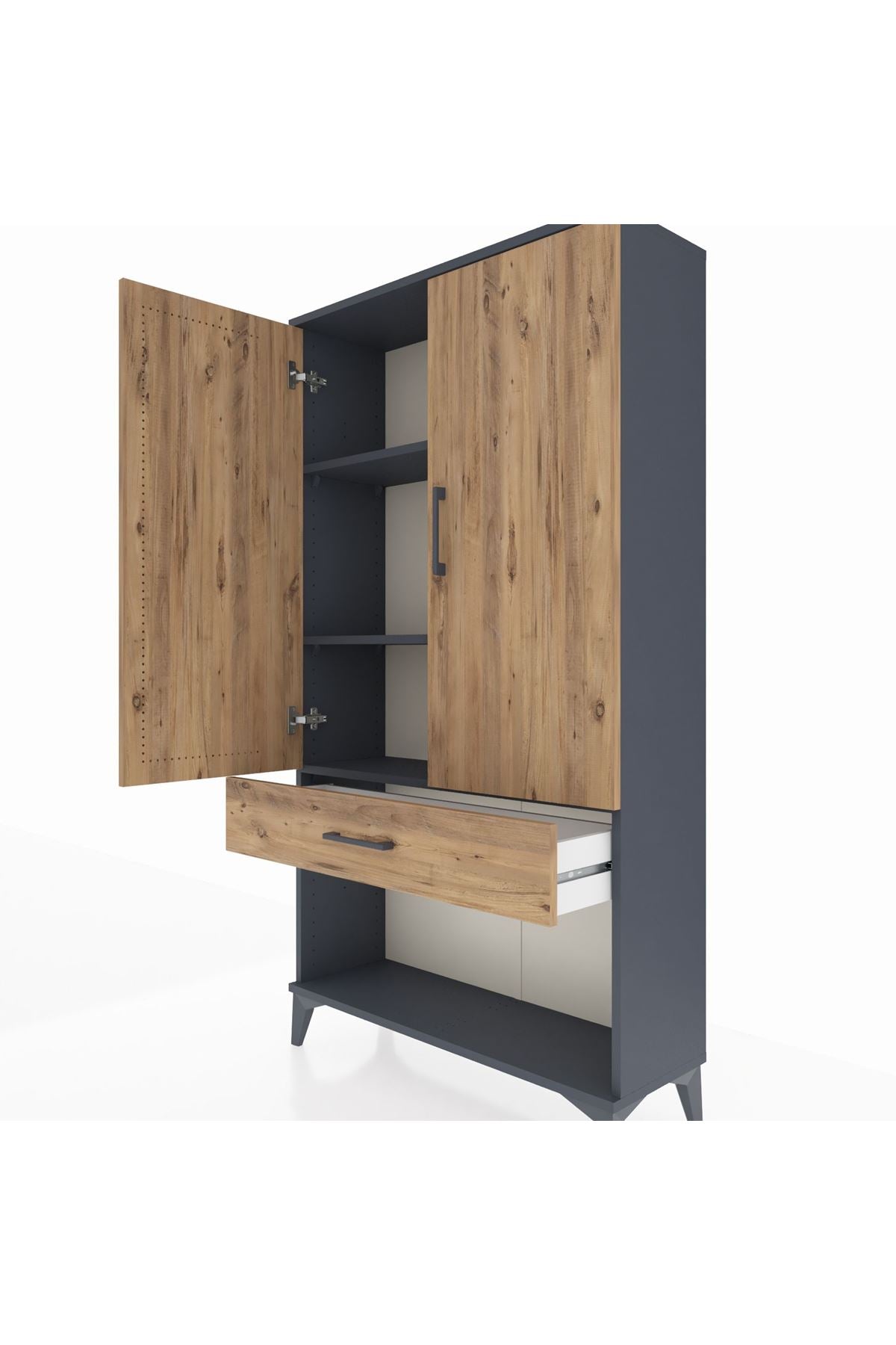 Arges Dolap 3 Raflı Tek Çekmeceli 2 Kapaklı 88x30x163 Antrasit-Çam