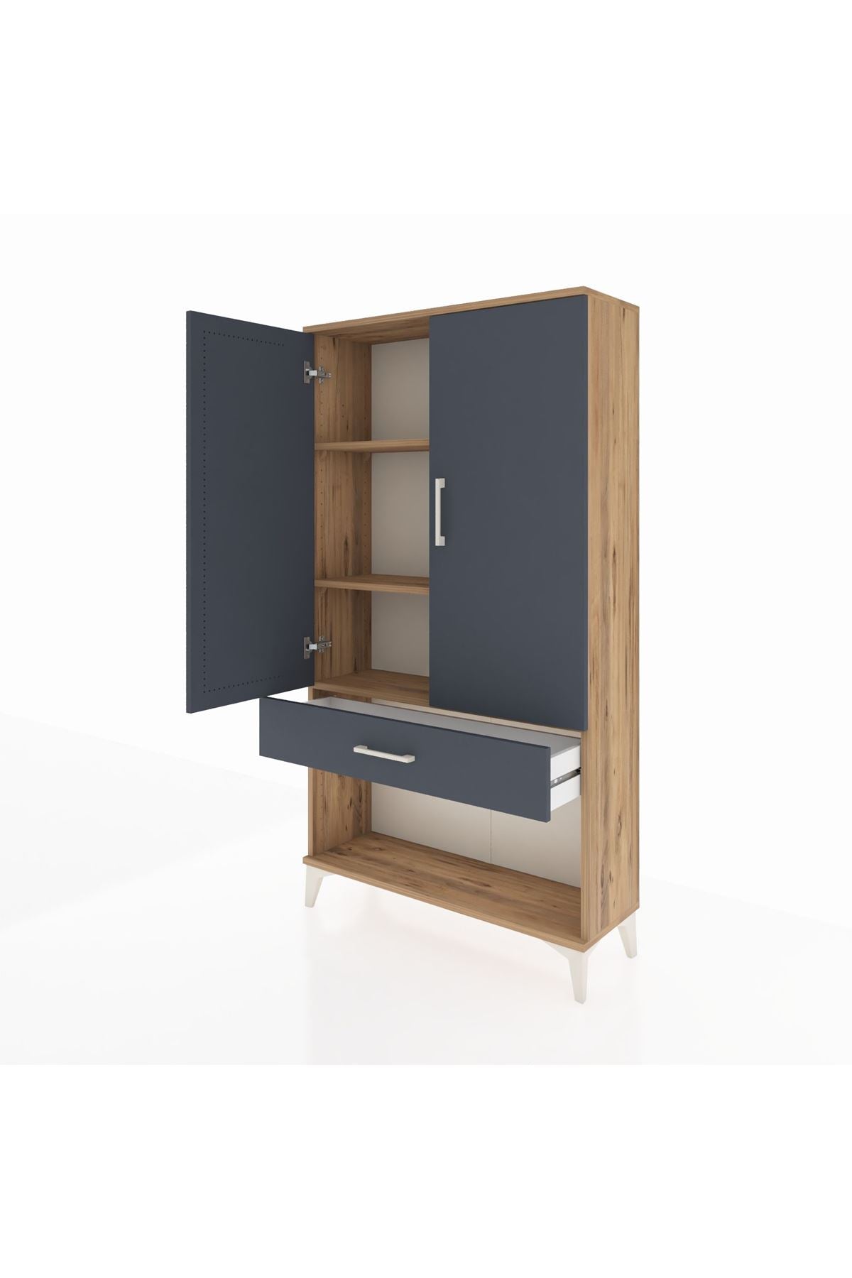 Arges Dolap 3 Raflı Tek Çekmeceli 2 Kapaklı 88x30x163 Çam-Antrasit