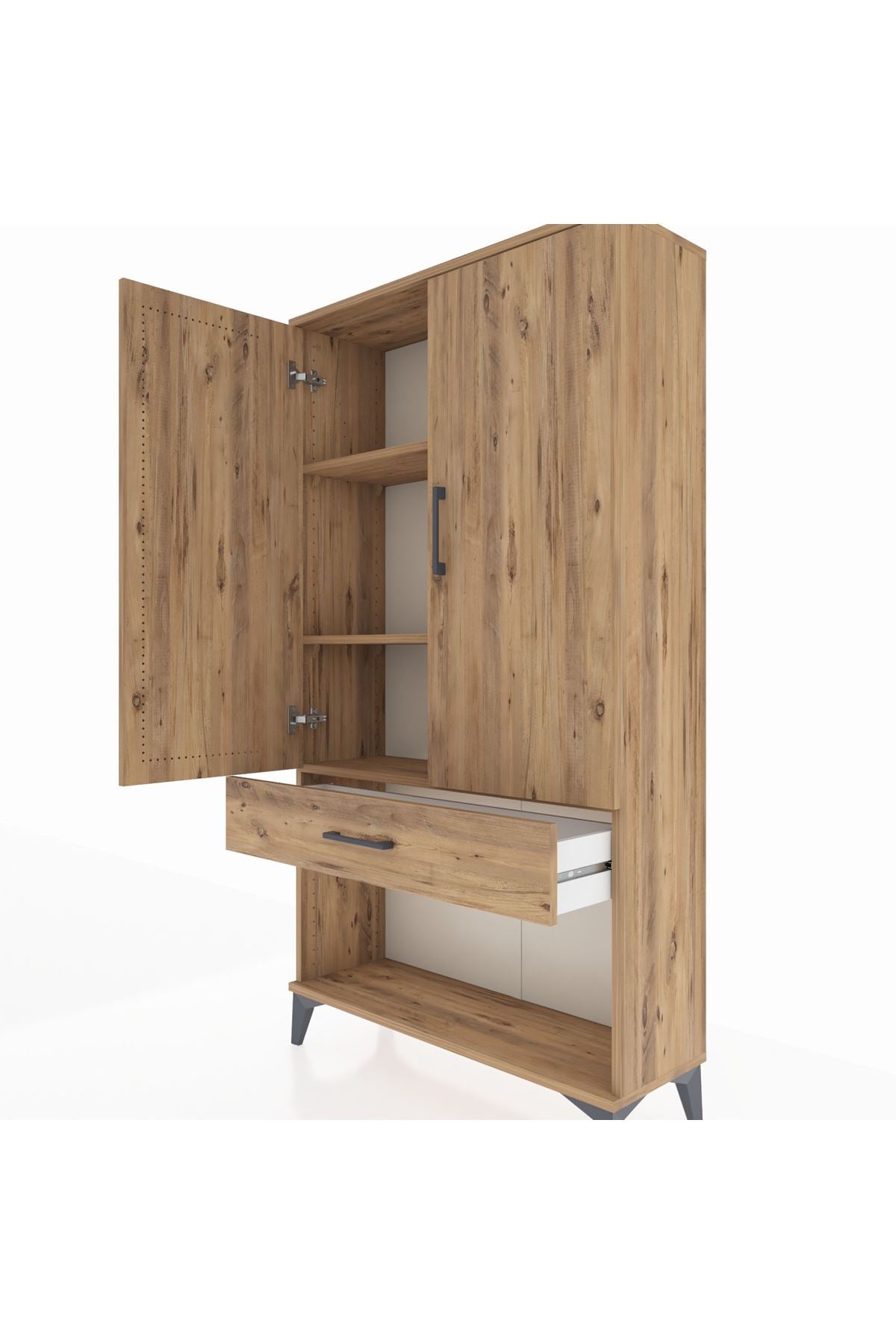 Arges Dolap 3 Raflı Tek Çekmeceli 2 Kapaklı 88x30x163 Çam-Çam