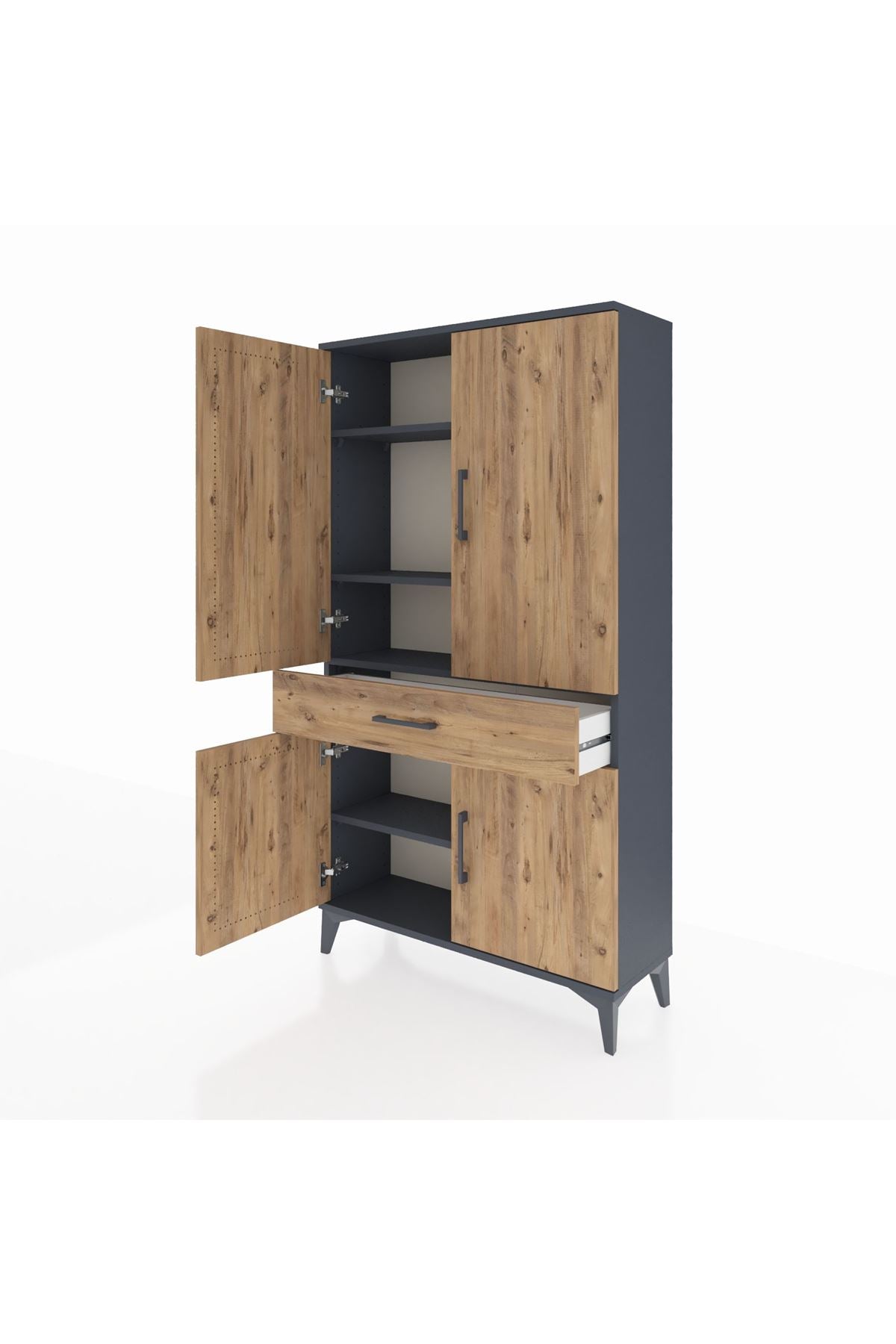 Arges Dolap 4 Raflı Tek Çekmeceli 4 Kapaklı 88x30x163 Antrasit-Çam