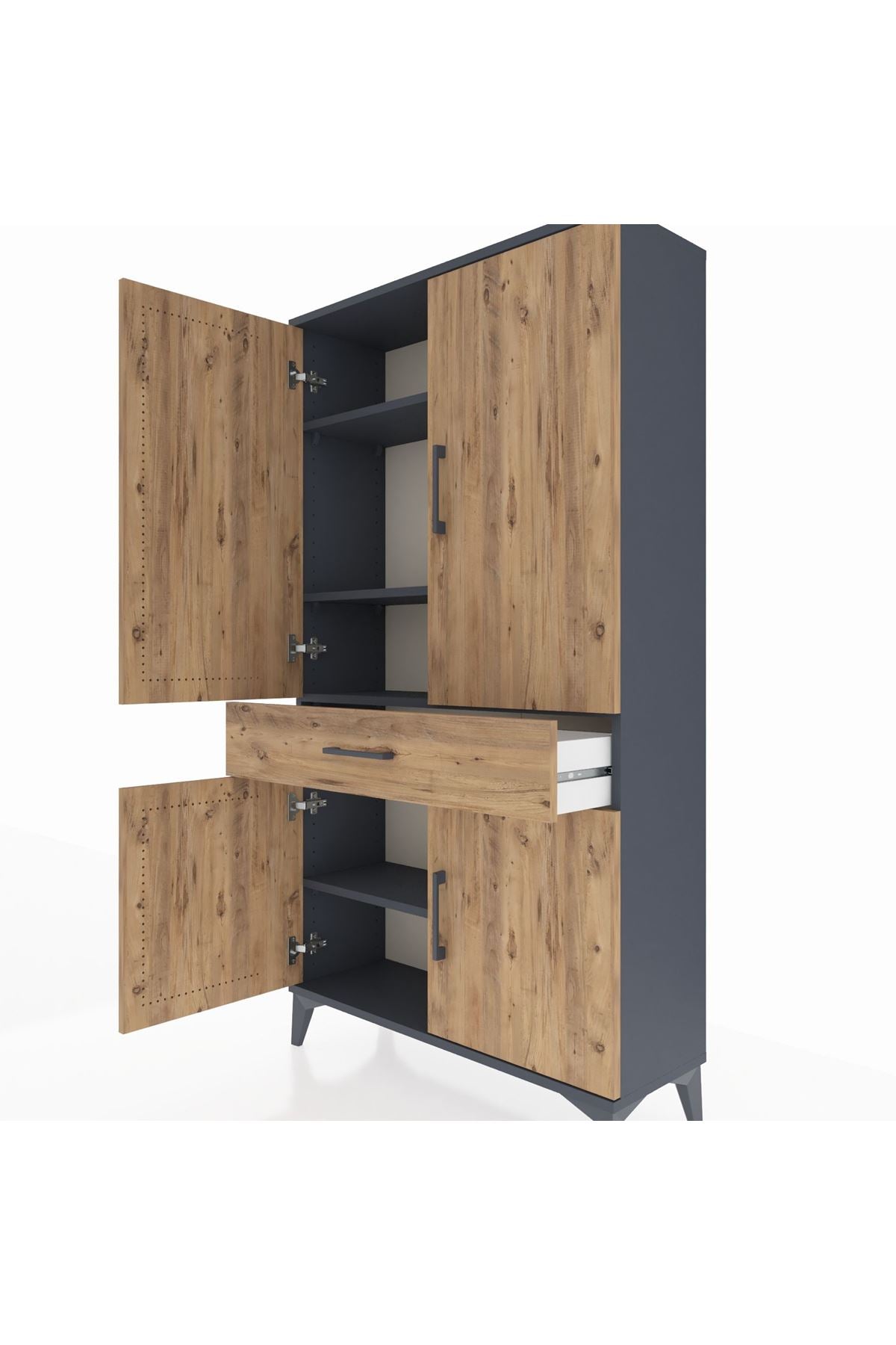 Arges Dolap 4 Raflı Tek Çekmeceli 4 Kapaklı 88x30x163 Antrasit-Çam