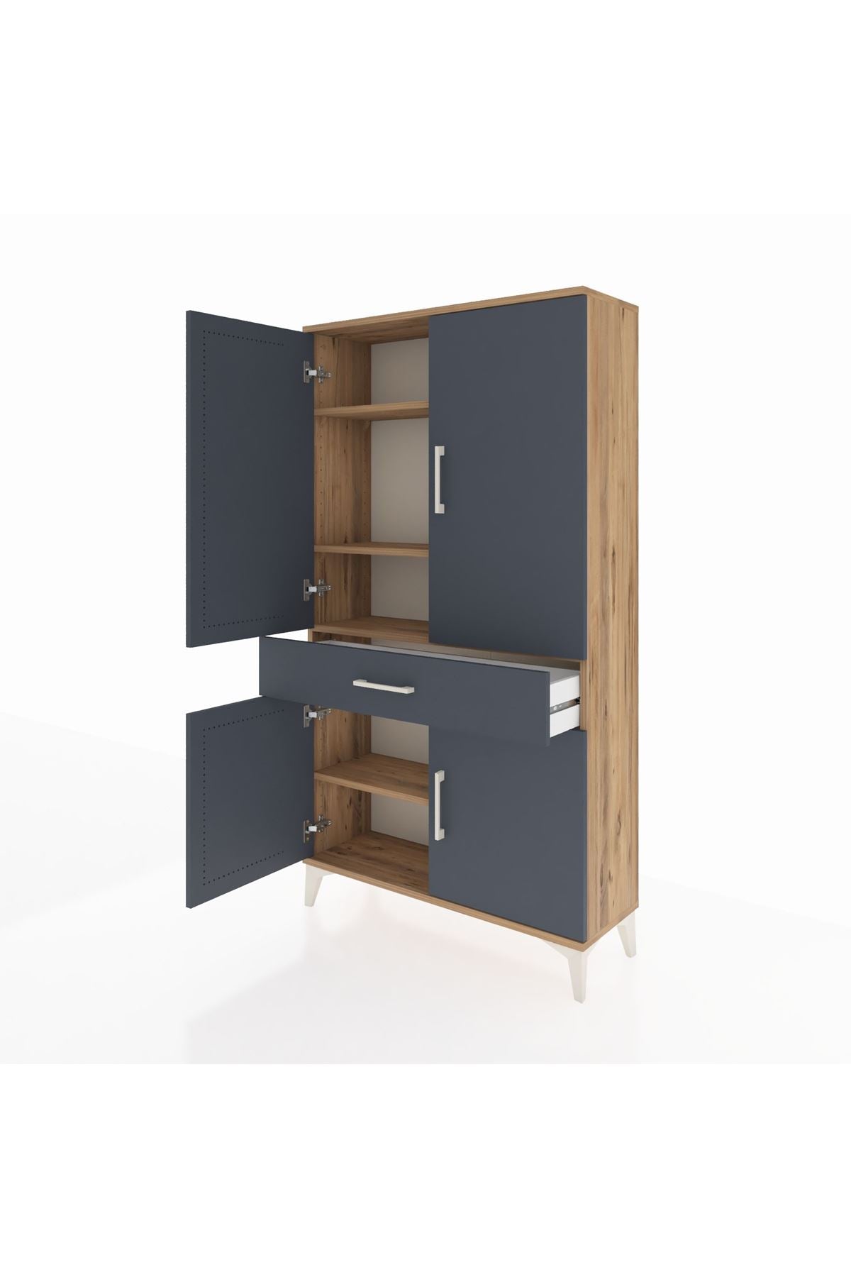 Arges Dolap 4 Raflı Tek Çekmeceli 4 Kapaklı 88x30x163 Çam-Antrasit