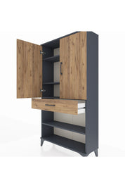 Arges Dolap 4 Raflı Tek Çekmeceli 2 Kapaklı 88x30x163 Antrasit-Çam