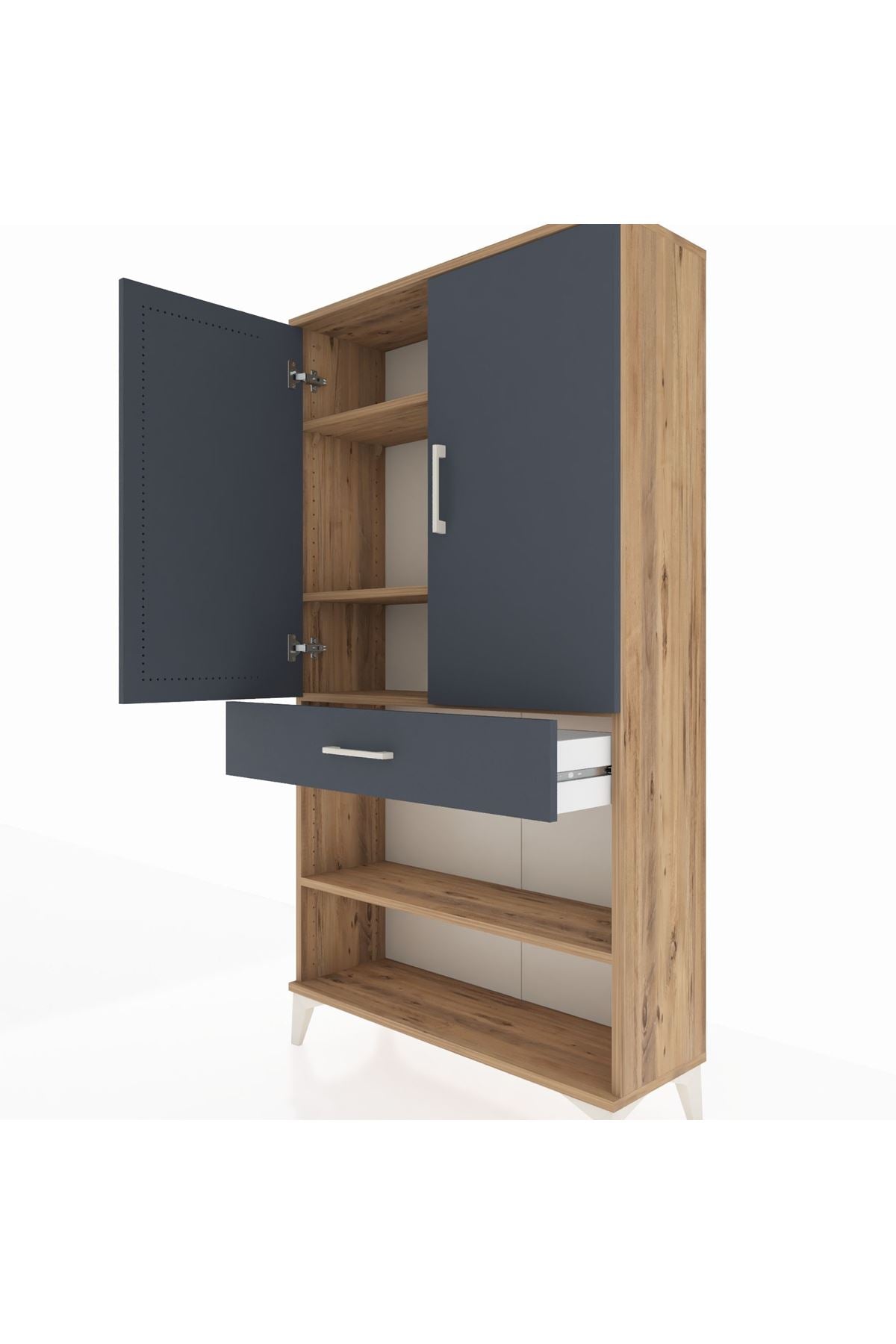 Arges Dolap 4 Raflı Tek Çekmeceli 2 Kapaklı 88x30x163 Çam-Antrasit