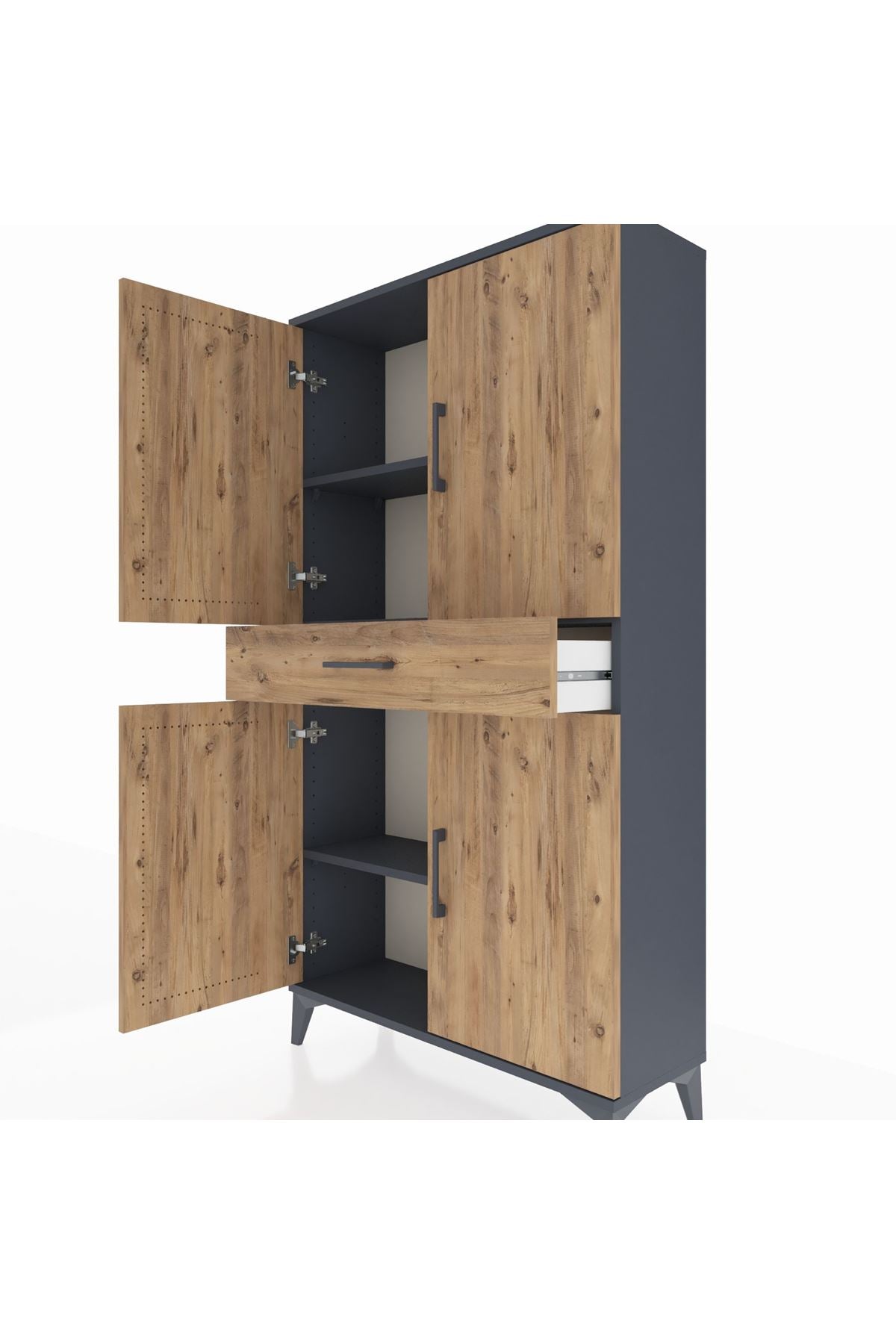 Arges Dolap 3 Raflı Tek Çekmeceli 4 Kapaklı 88x30x163 Antrasit-Çam