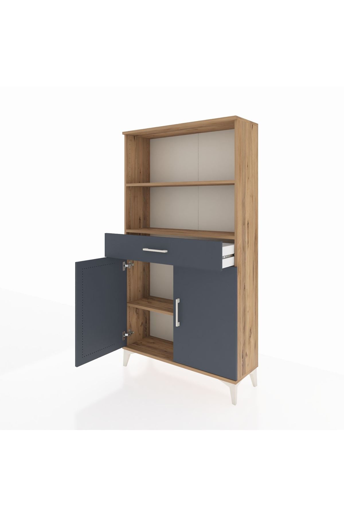 Arges Dolap 3 Raflı Tek Çekmeceli 2 Kapaklı 88x30x163 Çam-Antrasit