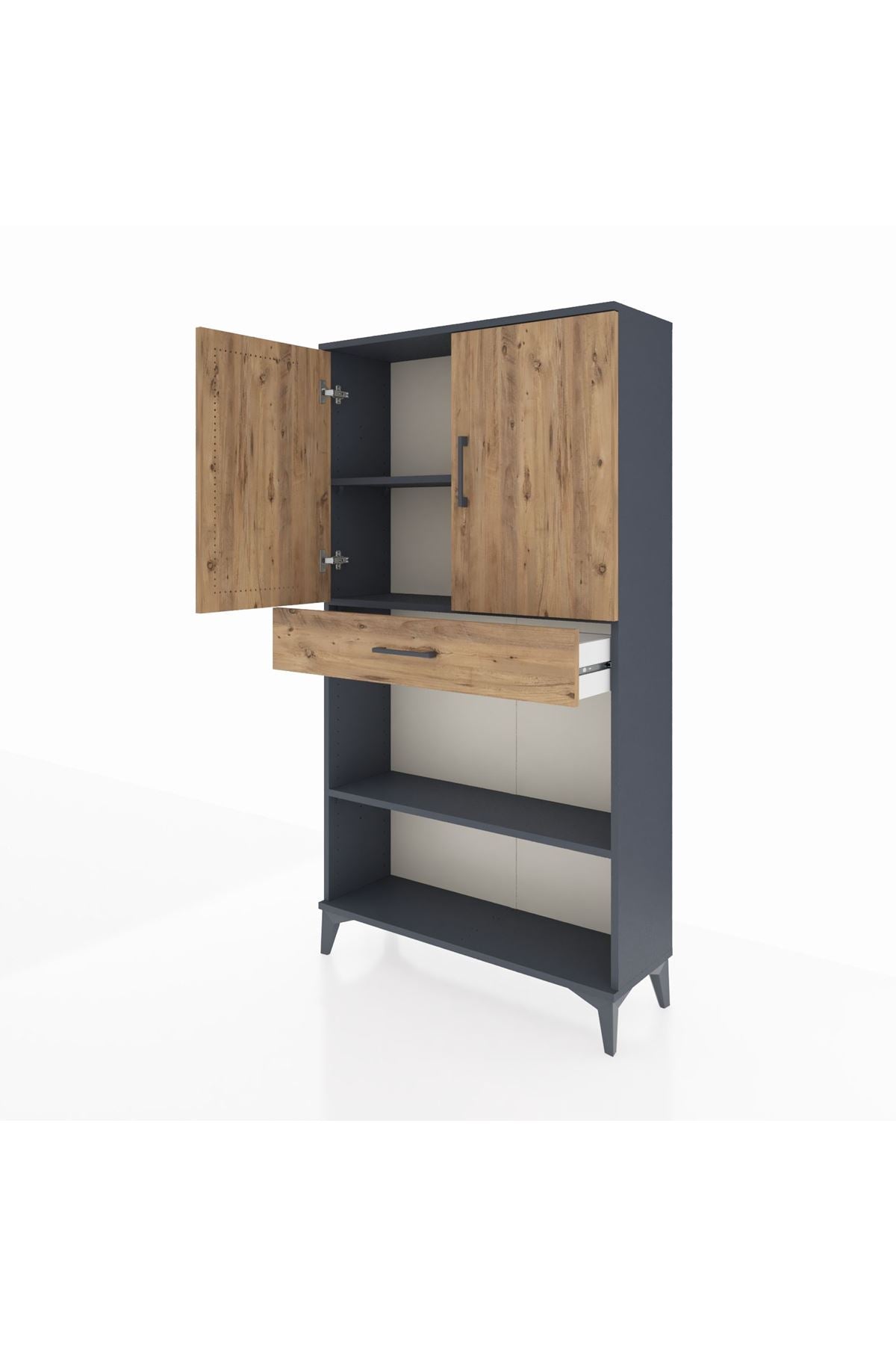 Arges Dolap 3 Raflı Tek Çekmeceli 2 Kapaklı 88x30x163 Antrasit-Çam