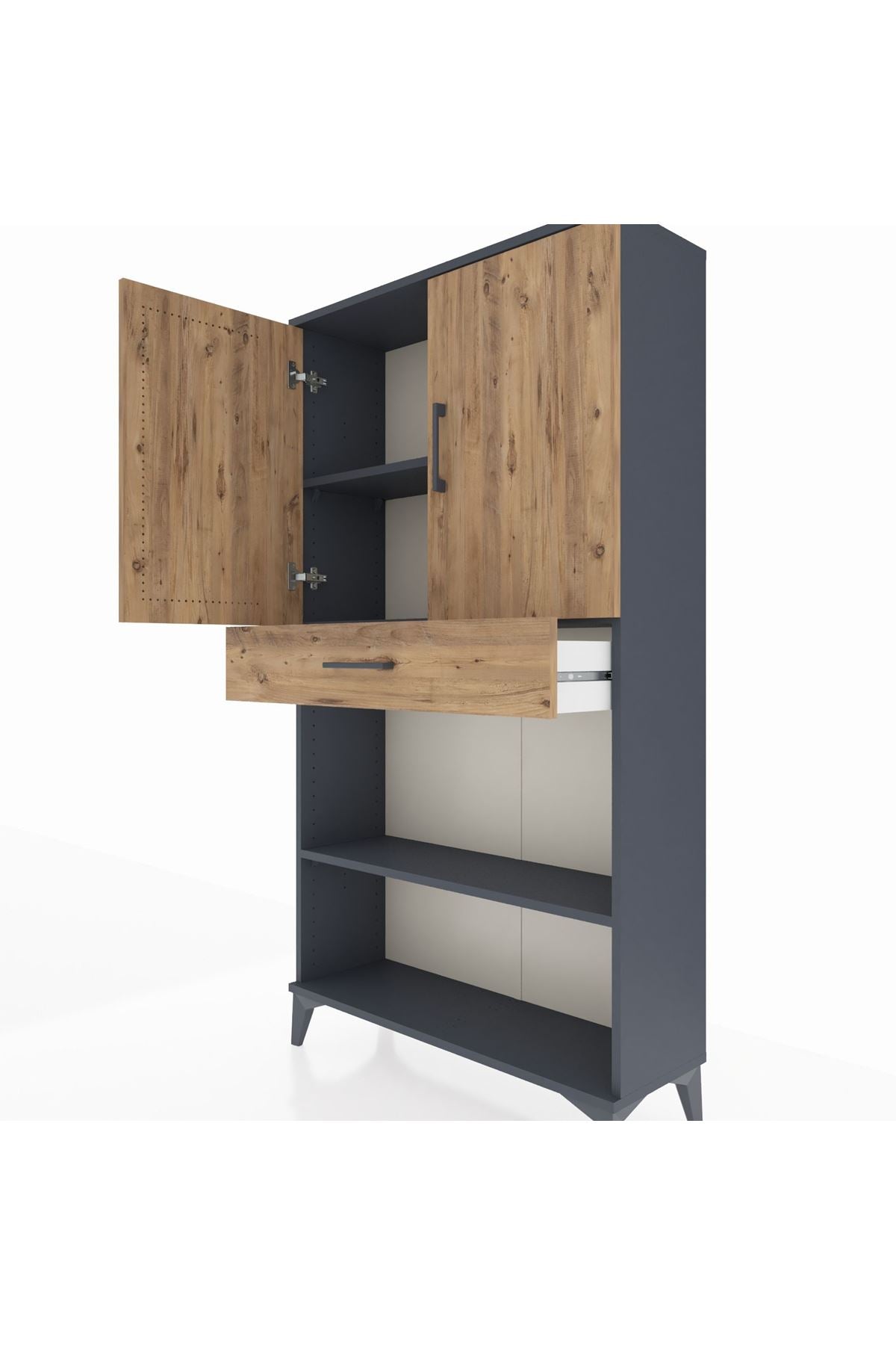 Arges Dolap 3 Raflı Tek Çekmeceli 2 Kapaklı 88x30x163 Antrasit-Çam