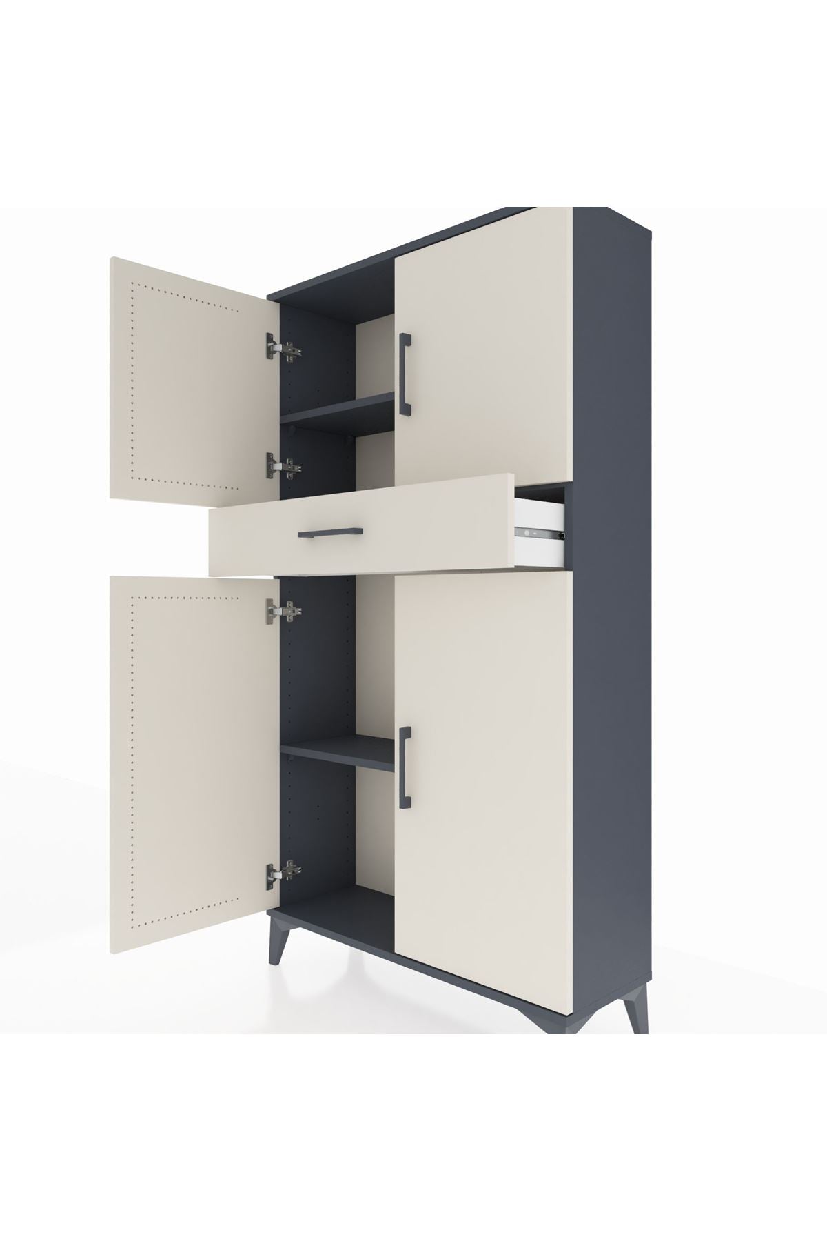 Arges Dolap 3 Raflı Tek Çekmeceli 4 Kapaklı 88x30x163 Antrasit-Aytaşı