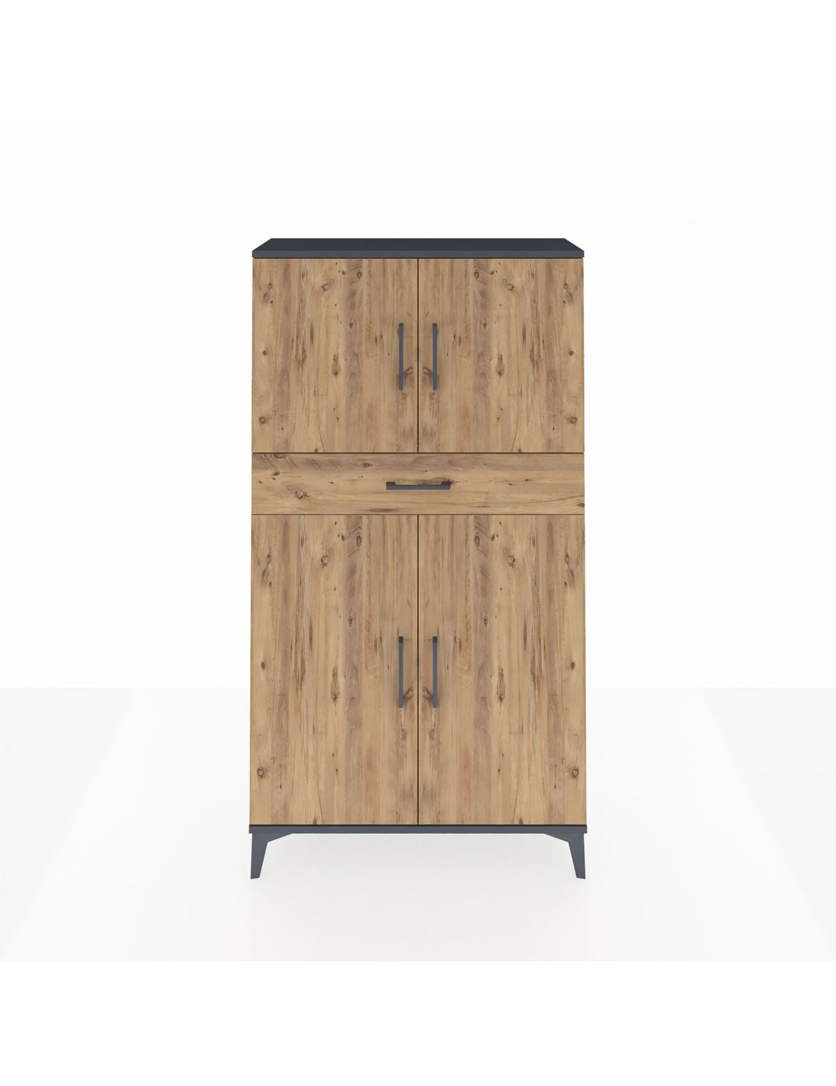 Arges Dolap 3 Raflı Tek Çekmeceli 4 Kapaklı 88x30x163 Antrasit-Çam