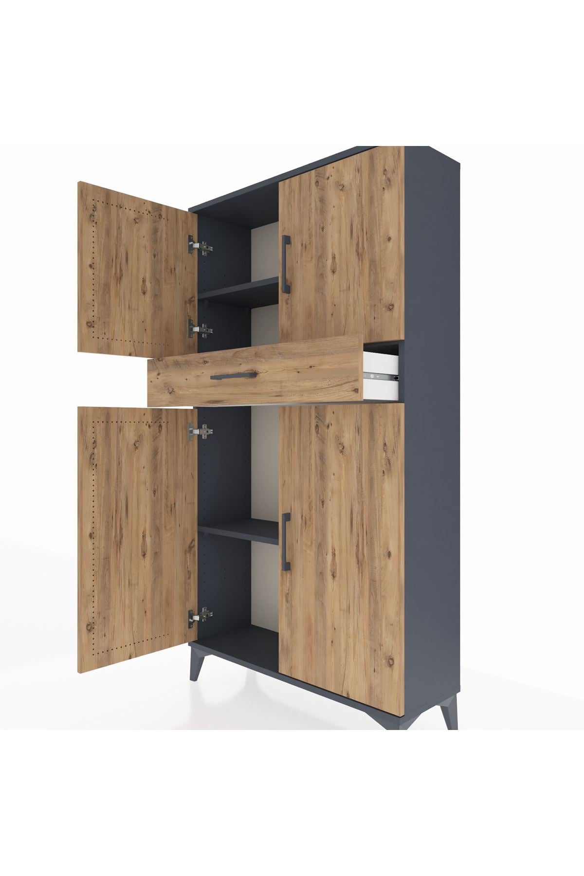 Arges Dolap 3 Raflı Tek Çekmeceli 4 Kapaklı 88x30x163 Antrasit-Çam