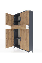 Arges Dolap 3 Raflı Tek Çekmeceli 4 Kapaklı 88x30x163 Antrasit-Çam