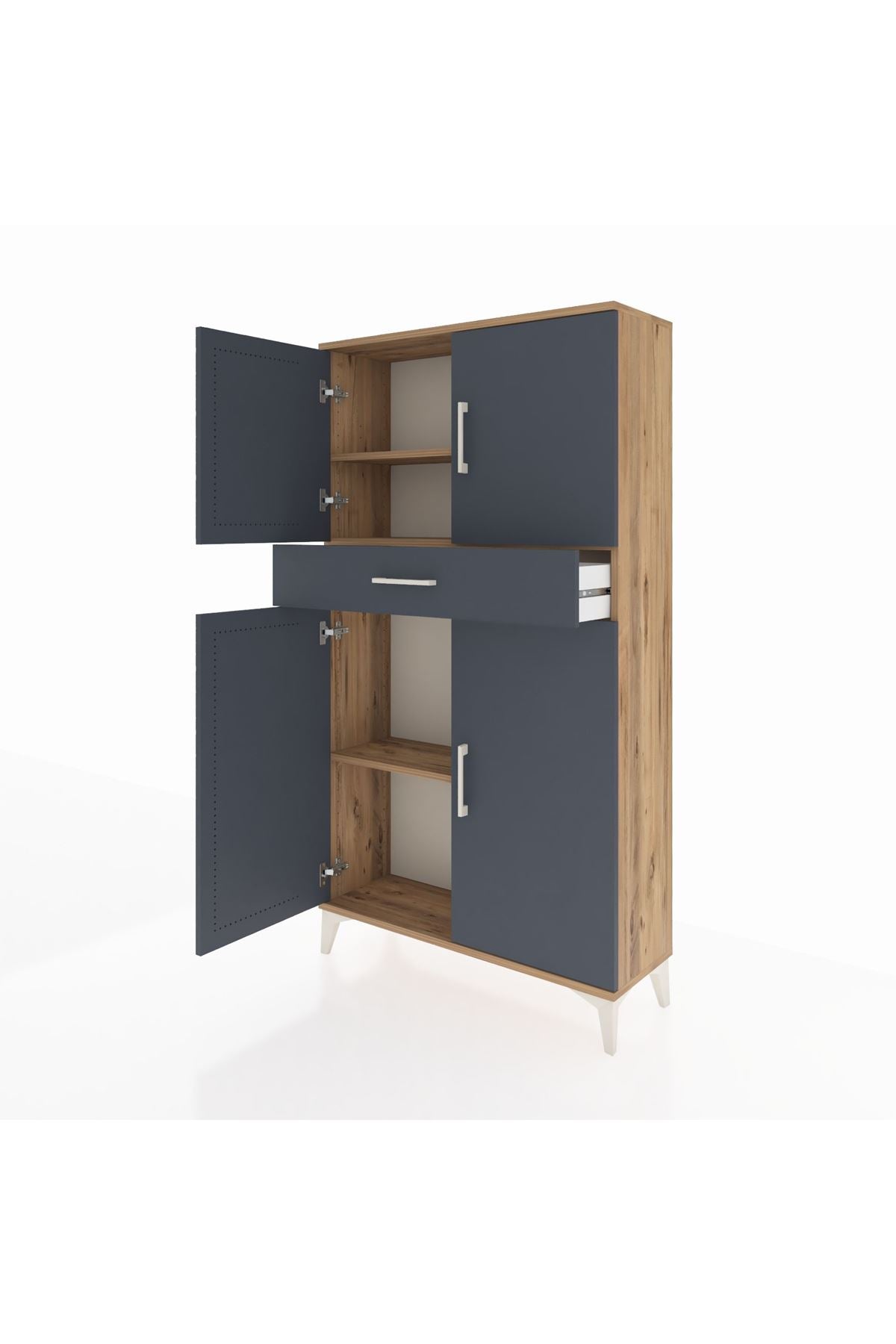 Arges Dolap 3 Raflı Tek Çekmeceli 4 Kapaklı 88x30x163 Çam-Antrasit