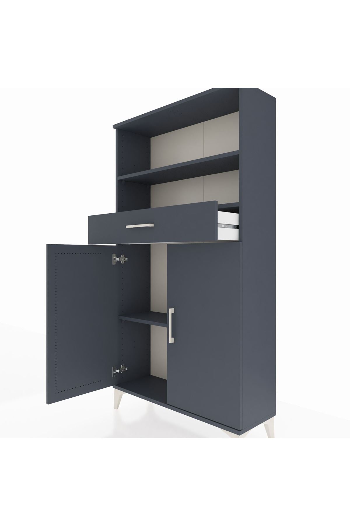 Arges Dolap 3 Raflı Tek Çekmeceli 2 Kapaklı 88x30x163 Antrasit-Antrasit