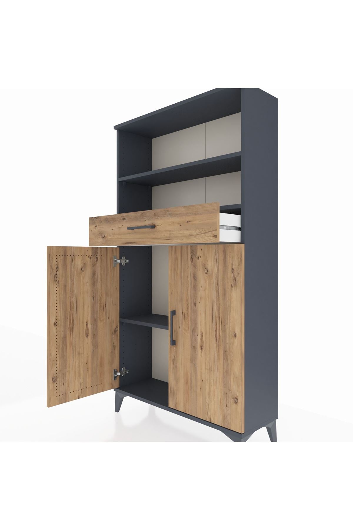 Arges Dolap 3 Raflı Tek Çekmeceli 2 Kapaklı 88x30x163 Antrasit-Çam