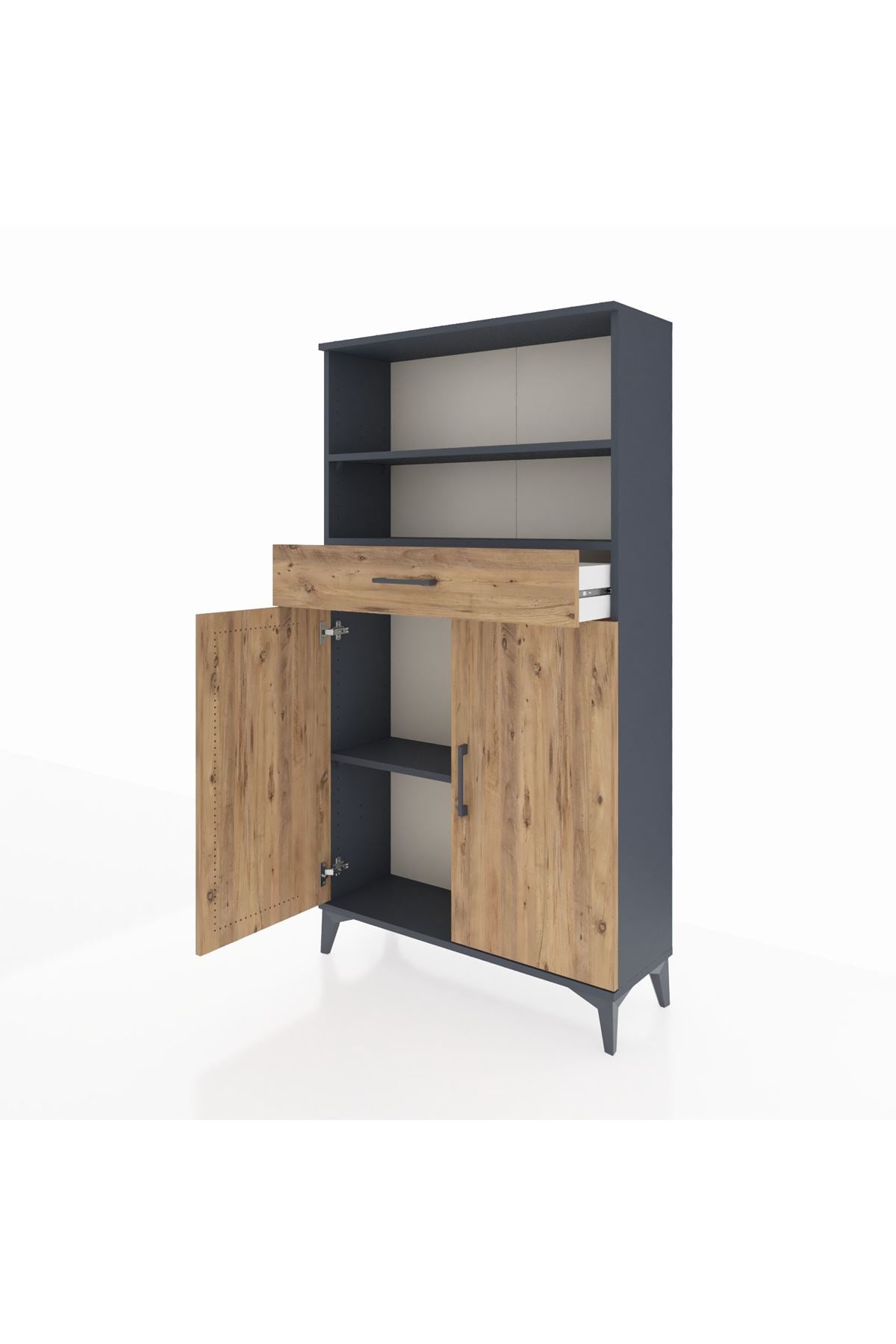 Arges Dolap 3 Raflı Tek Çekmeceli 2 Kapaklı 88x30x163 Antrasit-Çam