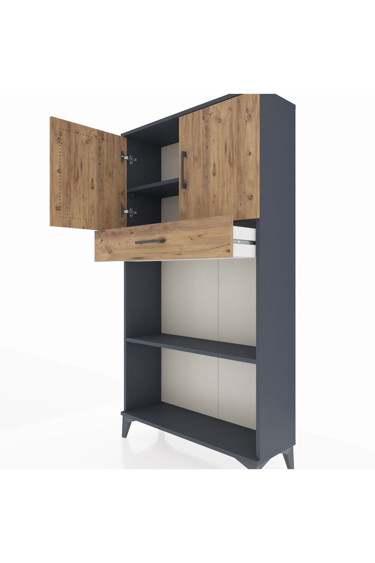 Arges Dolap 3 Raflı Tek Çekmeceli 2 Kapaklı 88x30x163 Antrasit-Çam