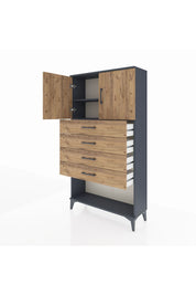 Arges Dolap 2 Raflı 4 Çekmeceli 2 Kapaklı 88x30x163 Antrasit-Çam